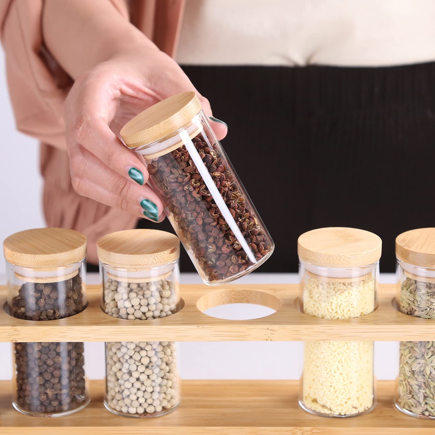 KKC HOME ACCENTS 6-Piece Glass Spice Jars Set with Bamboo Lids, Wooden Rack & Measuring Spoon - 3.4oz Airtight Kitchen Spice Containers for Countertop Organization | Perfect for Cooking, Baking & Pantry Storage