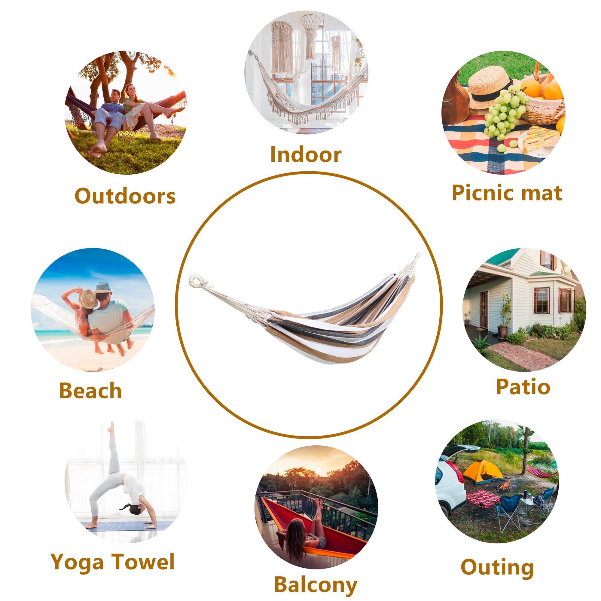 Double Hammock Brazilian Style with Carrying Bag - Soft Woven Fabric Supports 450lbs - Extra Large Brown & Grey Stripe - Perfect for Patio, Garden, Backyard, Porch, Indoor & Outdoor Relaxation
