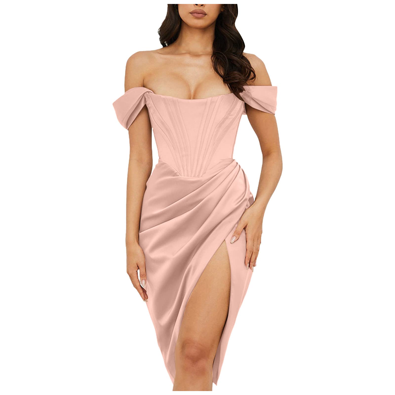QWKLEAJ Women's Off Shoulder Backless Cocktail Dress - Sexy Side Slit Solid Color Evening Party Midi Dress with High Waist for Night Out, Club, Wedding Guest & Formal Events