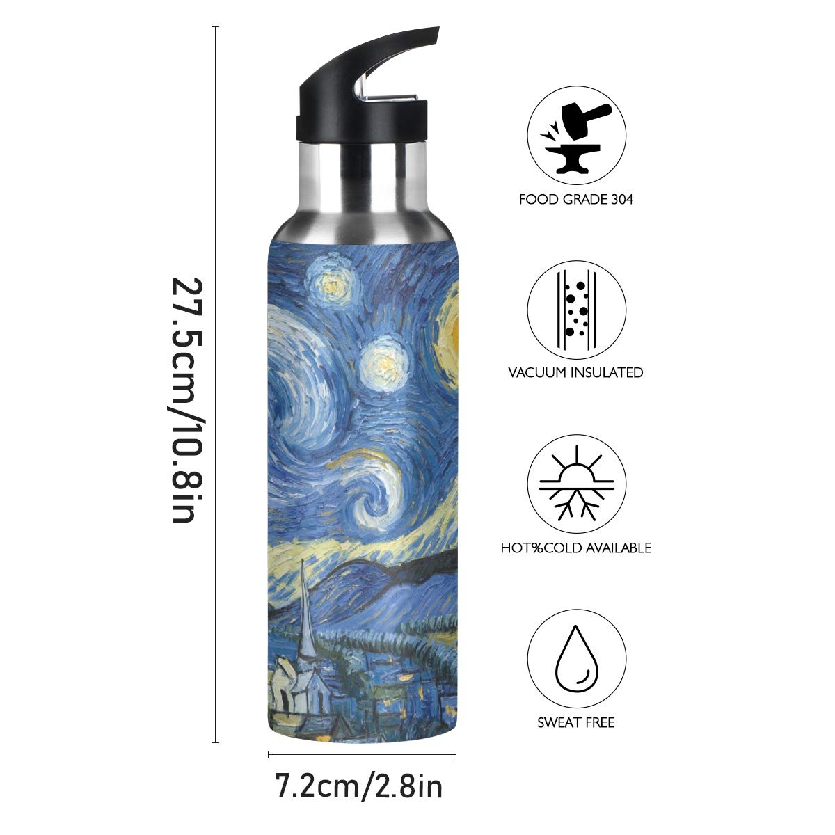 Starry Night Insulated Stainless Steel Water Bottle with Straw Lid - 20oz Double Wall Vacuum Thermos for Gym, Hiking & Outdoor Activities | Leakproof Sports Bottle for Hot & Cold Drinks