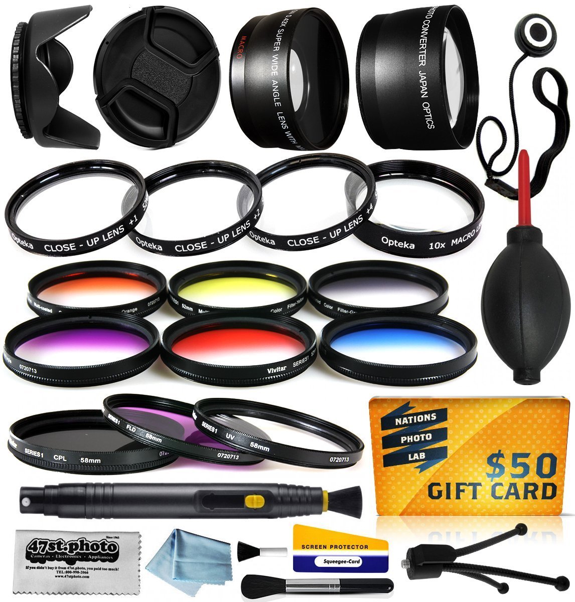 58mm Professional Camera Lens Filters Kit - 6-Piece Accessories Set with Wide Angle, Telephoto, UV CPL, Color Filters, Macro Lens & Hood - Compatible with Canon EOS DSLR Cameras (6D, 7D, Rebel Series) - Perfect for Travel, Portrait & Landscape Photography