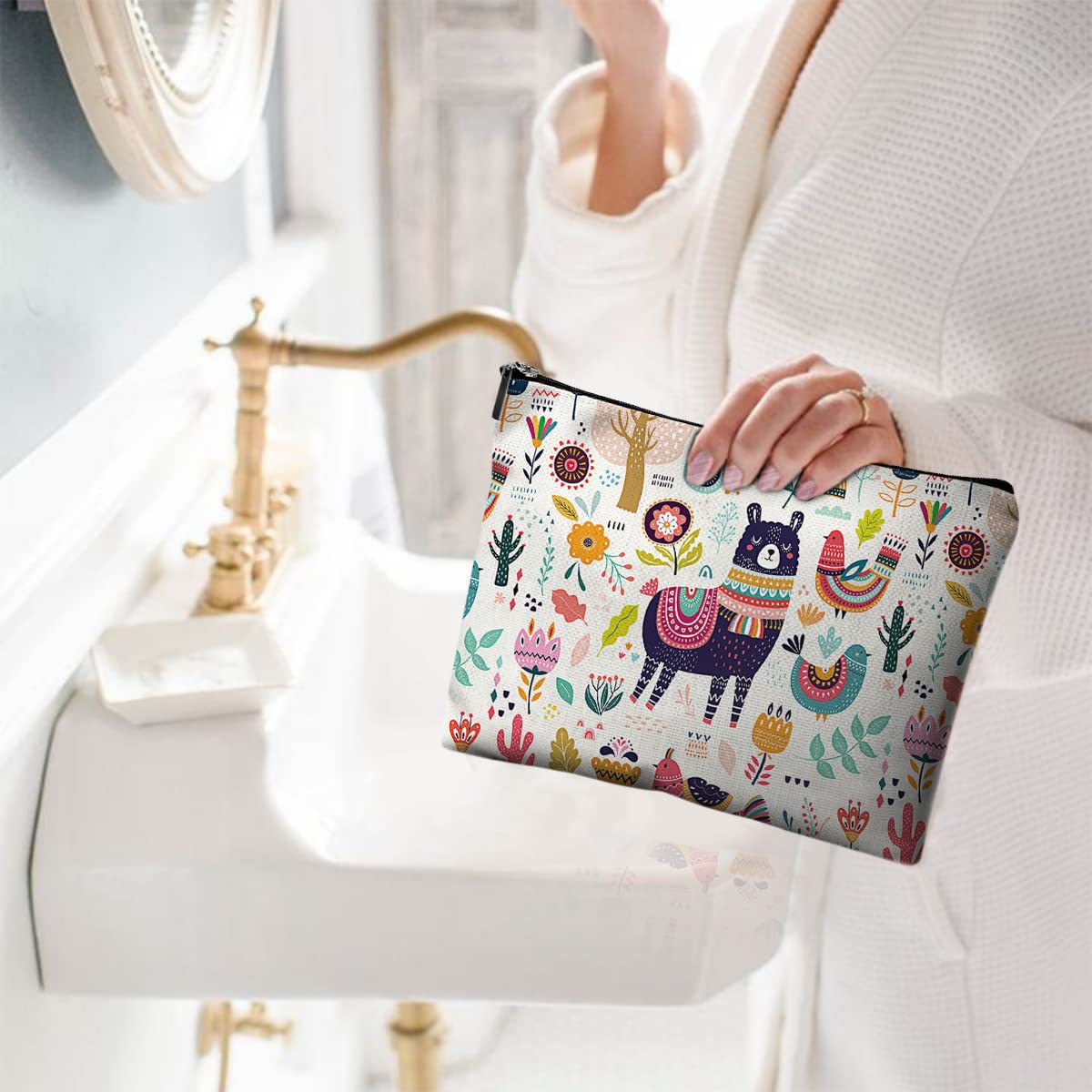 Waterproof Canvas Makeup Bag for Women - Cute Funny Cosmetic Pouch with Zipper for Travel & Purse | Alpaca Design Toiletry Organizer | Perfect for Daily Use, Gym, Vacation & Gift Giving