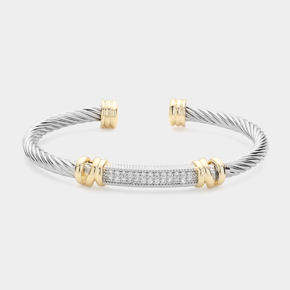 Silver CZ Two-Tone Metal Cable Cuff Bracelet for Women | Adjustable Fashion Jewelry | Perfect for Parties, Weddings & Everyday Wear | M H W ACCESSORIES