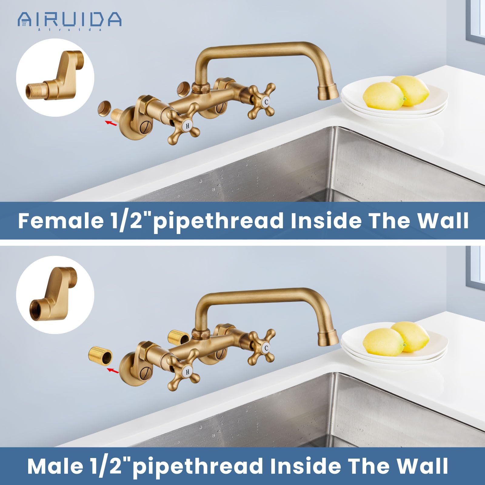 Antique Brass Wall Mount Kitchen Faucet - 360° Rotatable for Restaurants & Laundry Sinks