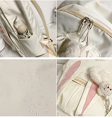 Cute Bunny Ear Backpack with Bear Pendant - Large D-White School Bag for Girls & Teens | Kawaii Book Bag, Travel Backpack for School, College, Shopping & Outdoor Adventures