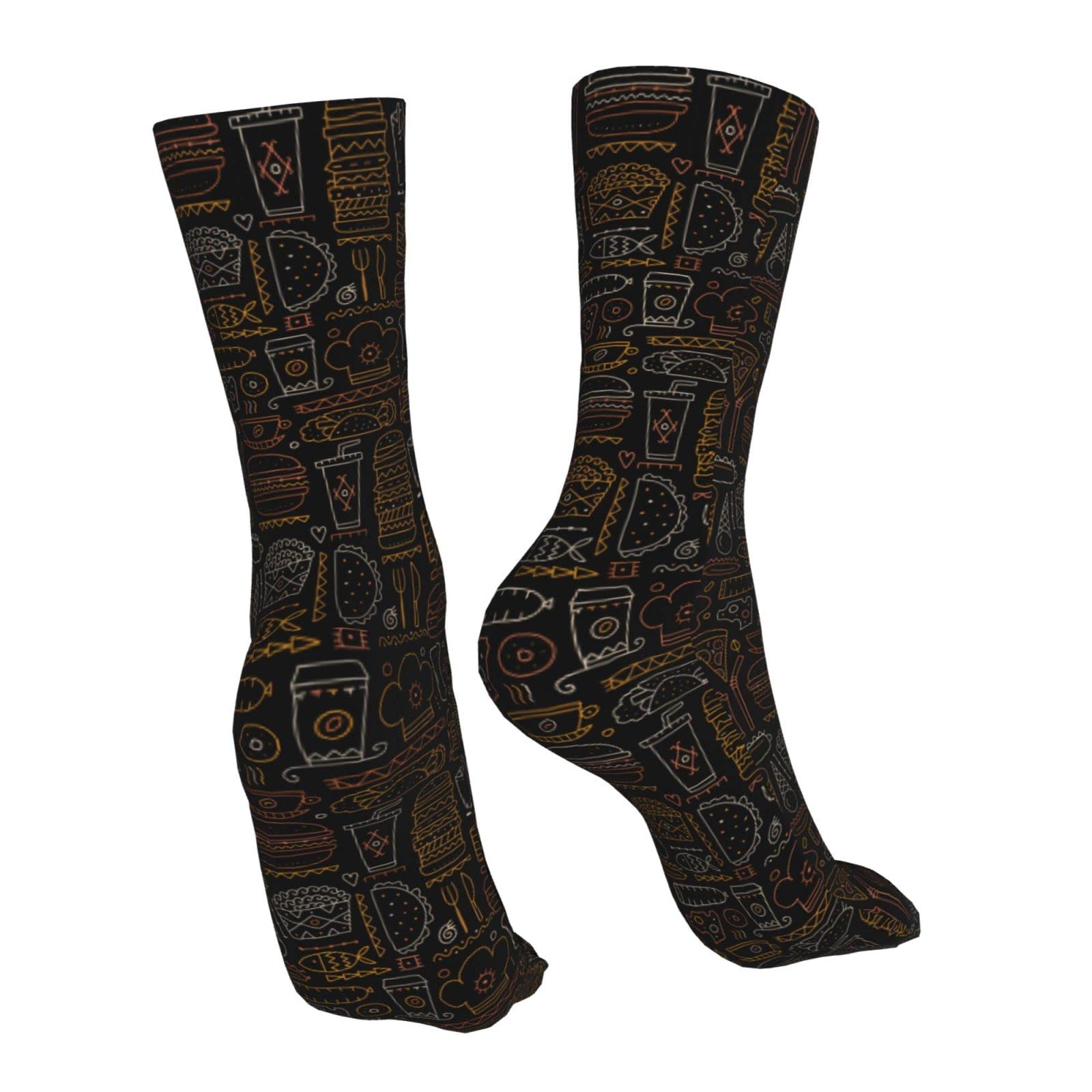 Trendy Black Fast Food Hamburger Pizza Novelty Crew Socks for Women & Men - Comfortable Sports Outdoor Casual Socks for Everyday Wear, Gifts & Themed Parties