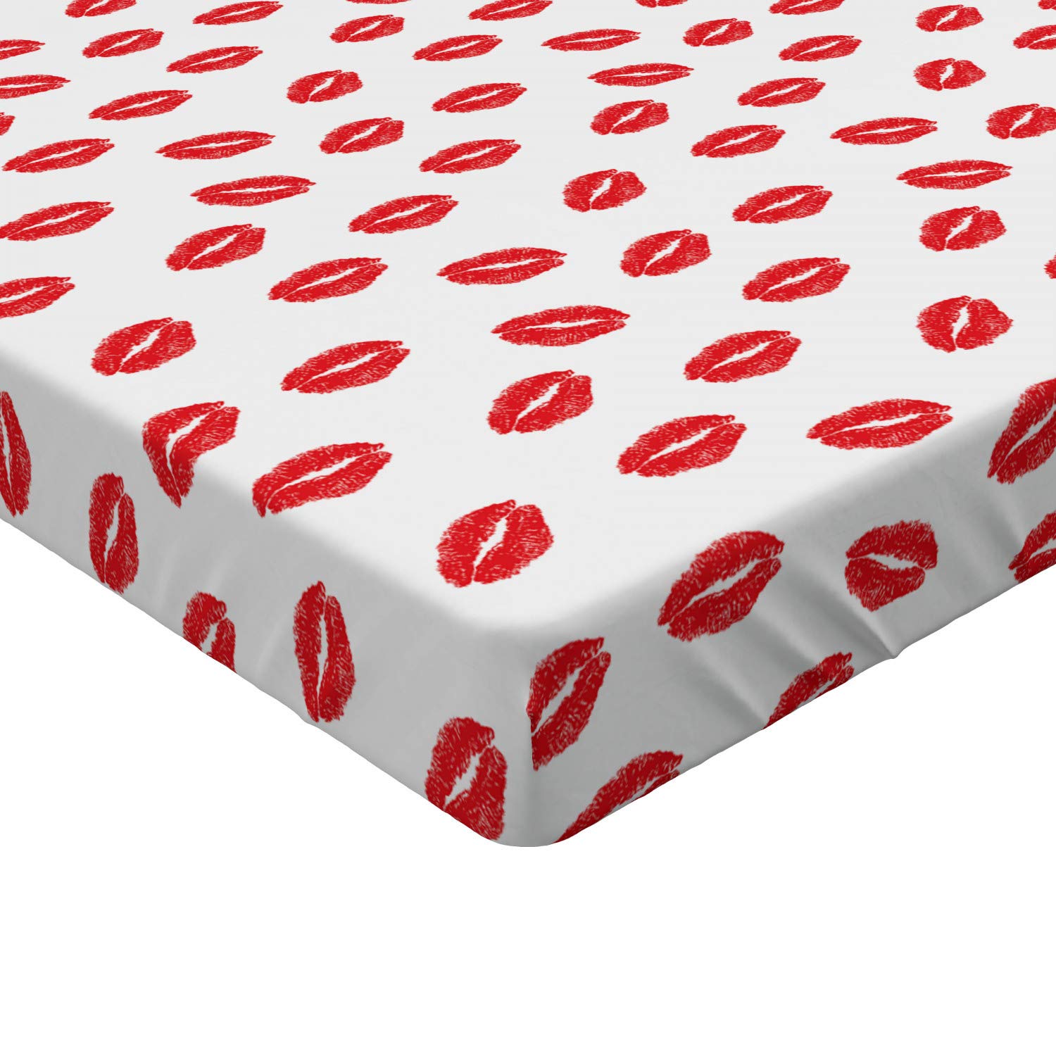 Ambesonne Lips Fitted Sheet - Romantic Kisses Print on White Background - Twin XL Size Deep Pocket Bed Sheet with All-Around Elastic - Perfect for Valentine's Day, Anniversary Gifts & Romantic Bedroom Decor