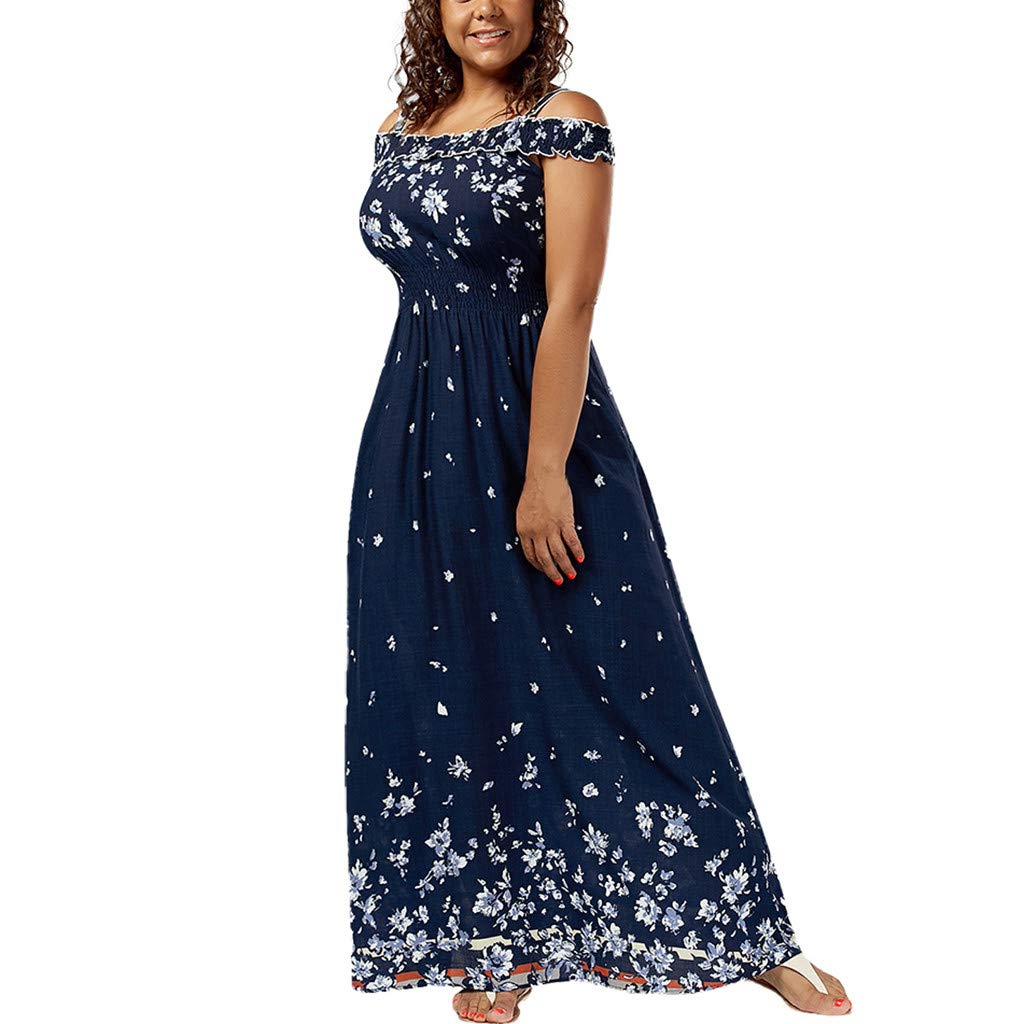 POTTON Women's Plus Size Bohemian Print Slash Neck High Waist Maxi Dress - Flowy White Boho Dress for Beach, Wedding & Prom | Casual & Formal Occasions