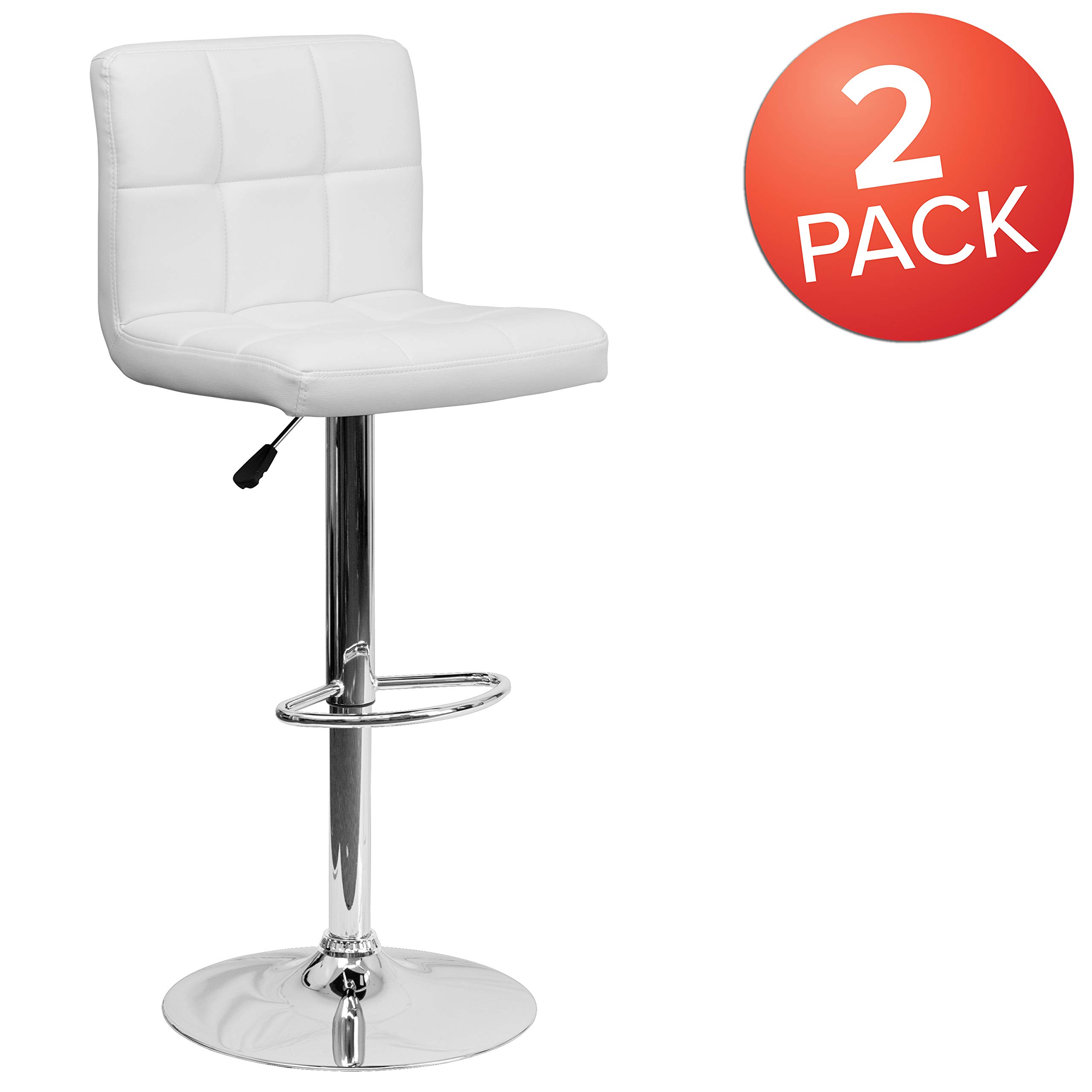 Flash Furniture Alexandra 2-Pack Contemporary White Quilted Vinyl Adjustable Height Bar Stools with Chrome Base - Perfect for Kitchen Islands, Breakfast Bars & Home Bars