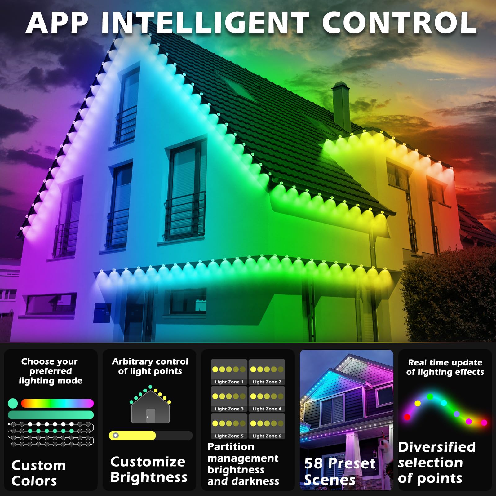 SINLEY 400FT Permanent Outdoor RGB LED Lights with Smart App & Remote Control, DIY Scene Modes, IP67 Waterproof Under Eave Lighting for Patio, Garden, and Holiday Decorations