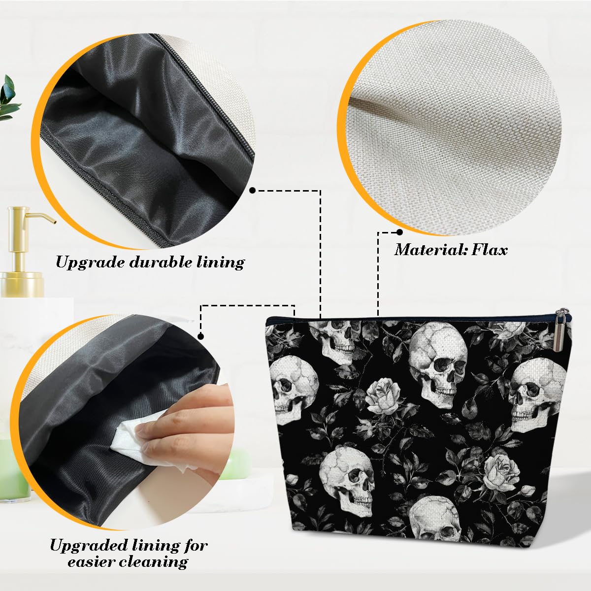 Gothic Skeleton Makeup Bag for Women - Halloween Floral Skull Cosmetic Bag with Rose Design, Spooky Purse Gift for Halloween Party & Cosplay Accessories