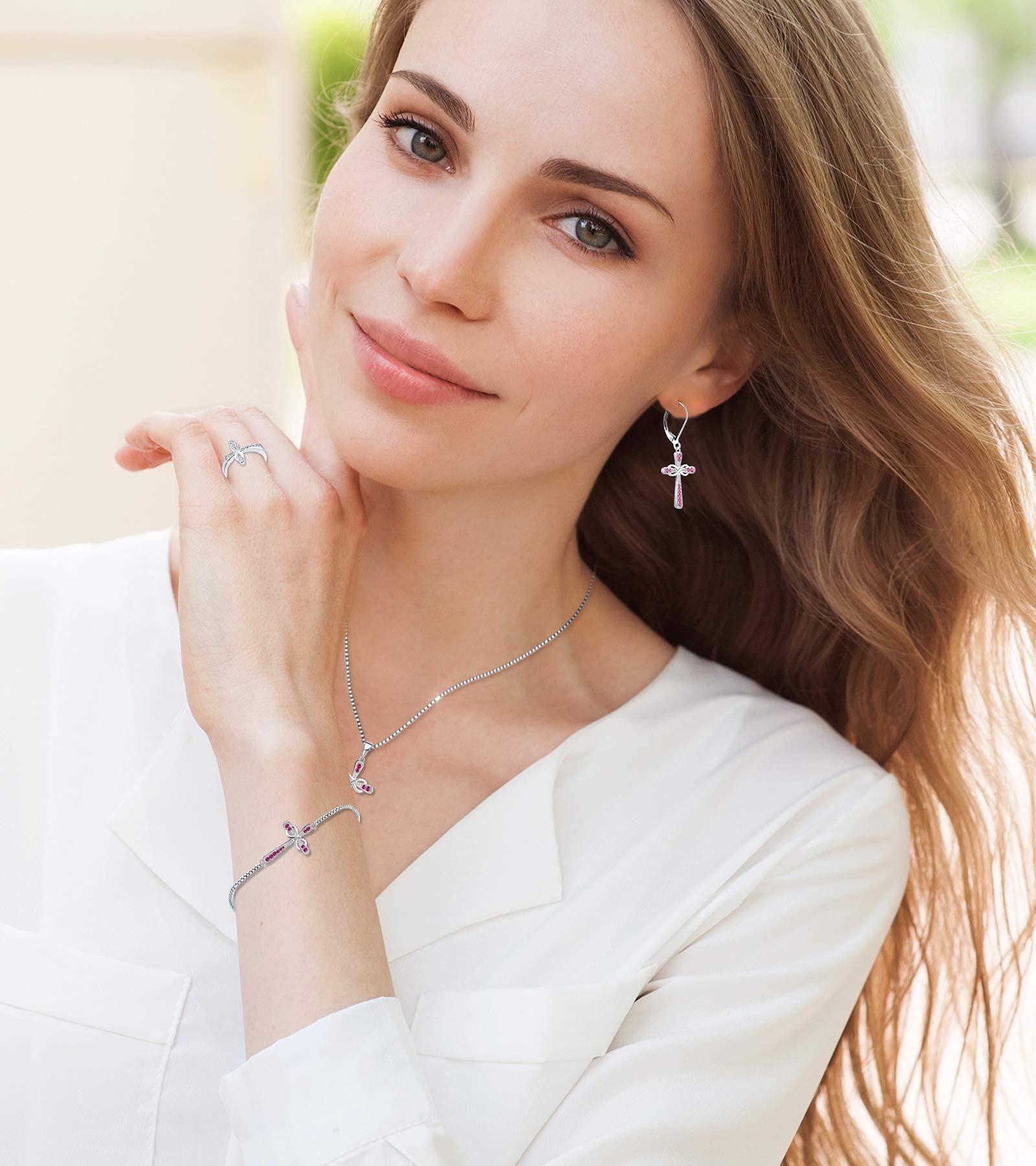 YL Sterling Silver Infinity Cross Necklace with Created Ruby - Elegant Crucifix Pendant for Women | Perfect for Church, Weddings & Everyday Fashion Jewelry