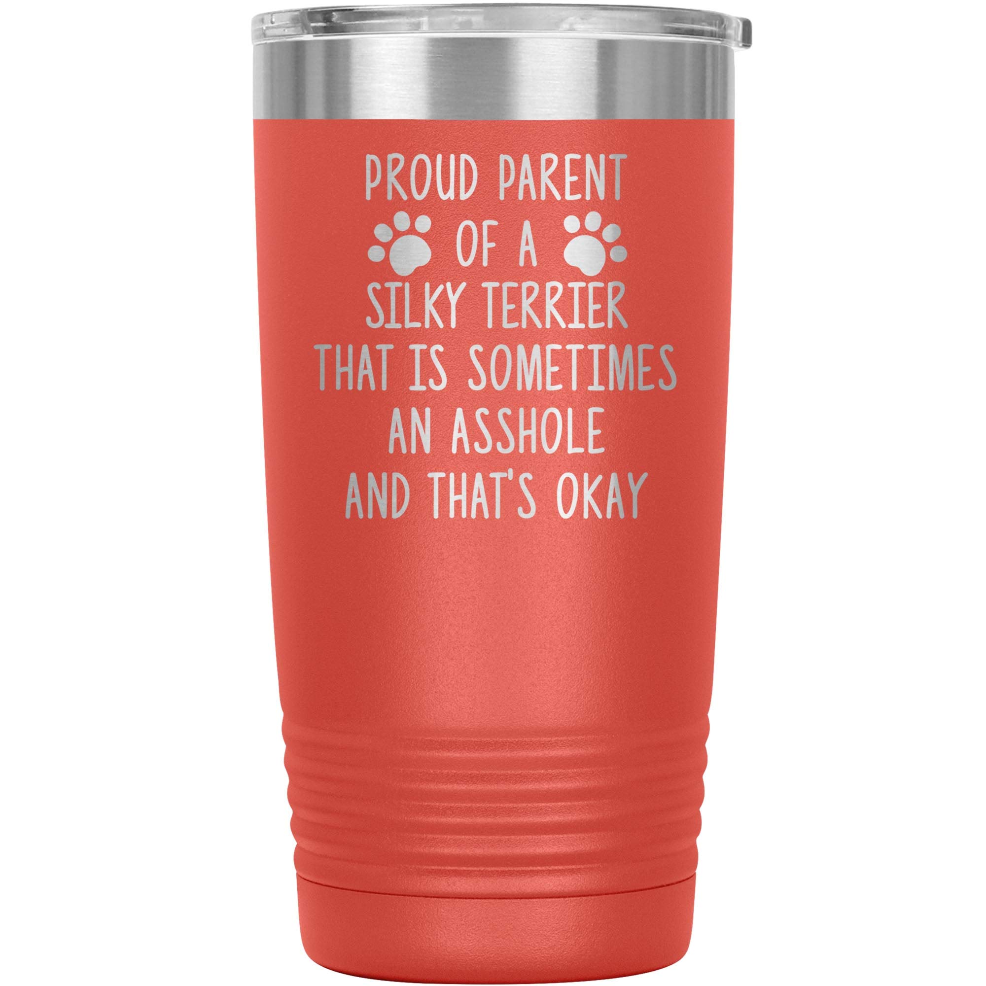 Funny Silky Terrier Australian Tumbler Travel Mug - 20oz Insulated Stainless Steel Cup for Dog Lovers, Perfect Gift for Dog Moms & Dads - Great for Coffee, Tea & Cold Drinks at Home, Office or Travel (Coral)