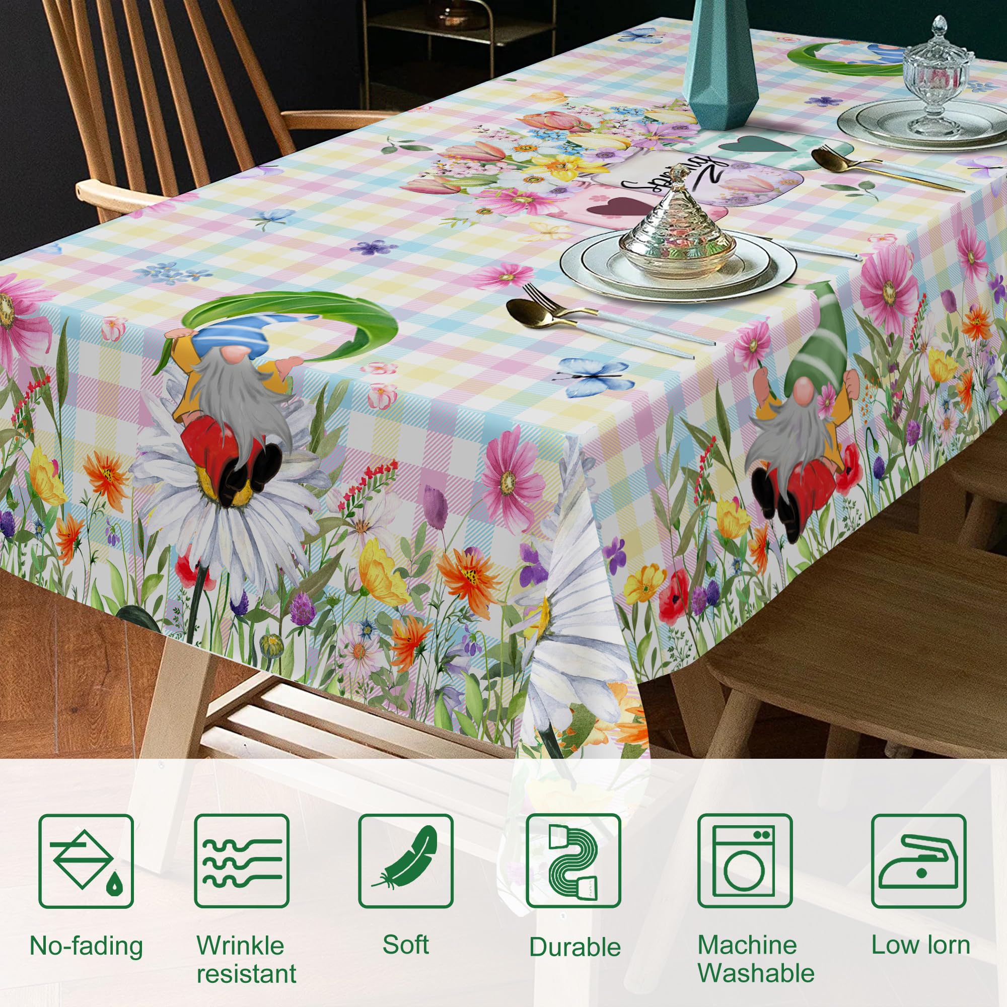 70 Inch Round Spring Tablecloth with Gnome Flowers & Buffalo Check Plaid - Waterproof Kitchen Table Cover for Dining Room Decor, Indoor Outdoor Party & Easter Celebration