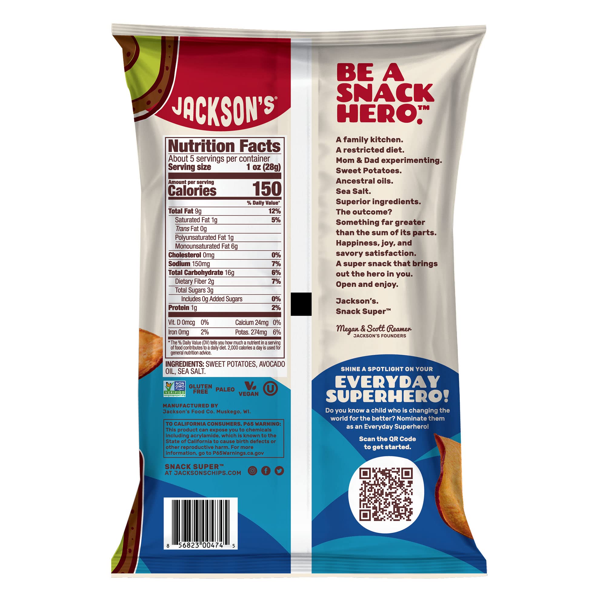 Jackson’s Sweet Potato Kettle Chips with Sea Salt - Made with Premium Avocado Oil (5 oz, Pack of 12) | Allergen-Friendly, Gluten Free, Vegan & Paleo Snacks | Shark Tank Featured Product | Perfect for Parties, School Lunches & Healthy On-the-Go Snacking