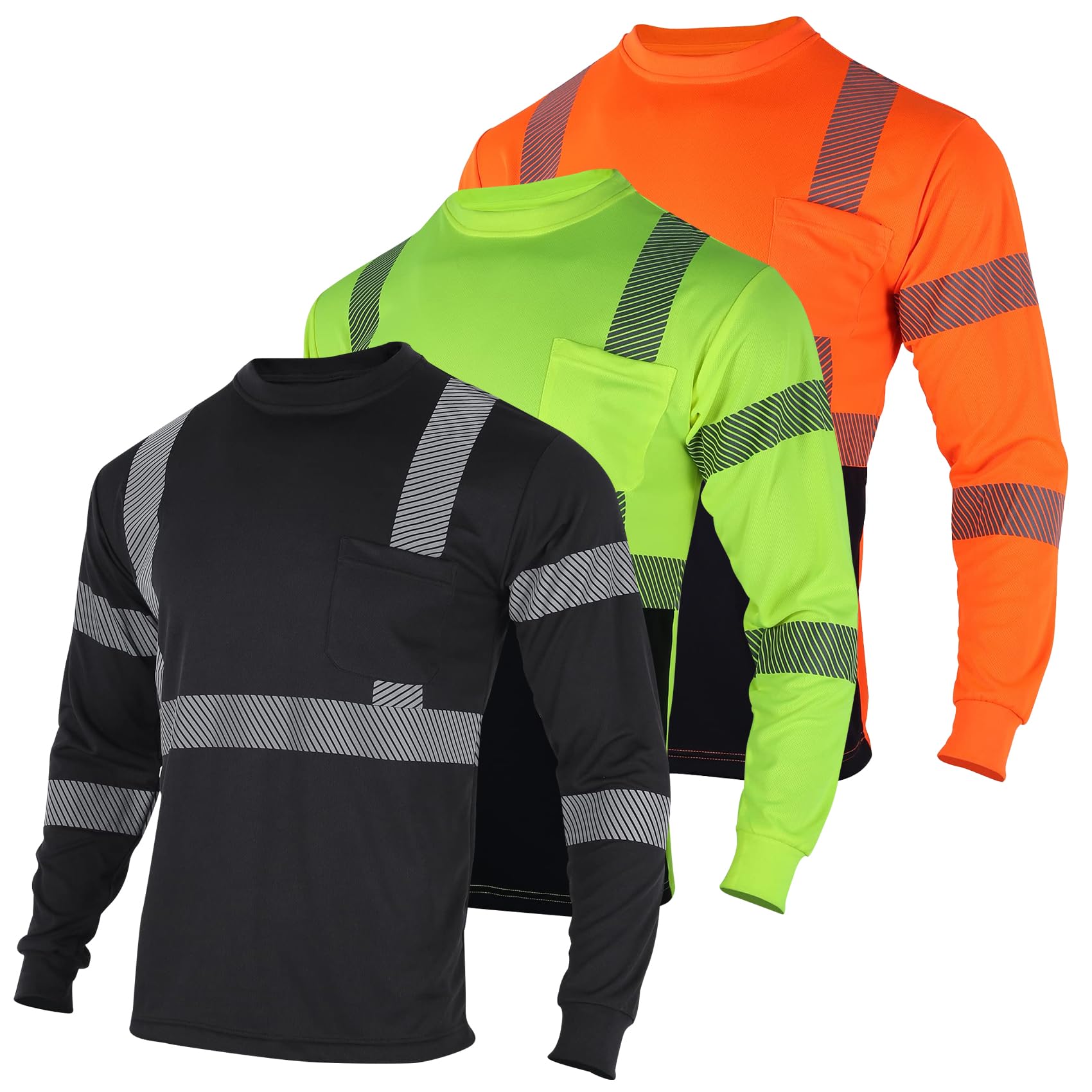 High Visibility Safety Shirts for Men - 3-Pack Reflective Long Sleeve Work Shirts for Construction, Road Work & Night Shifts | ANSI Certified Hi-Vis T-Shirts for Enhanced Workplace Safety