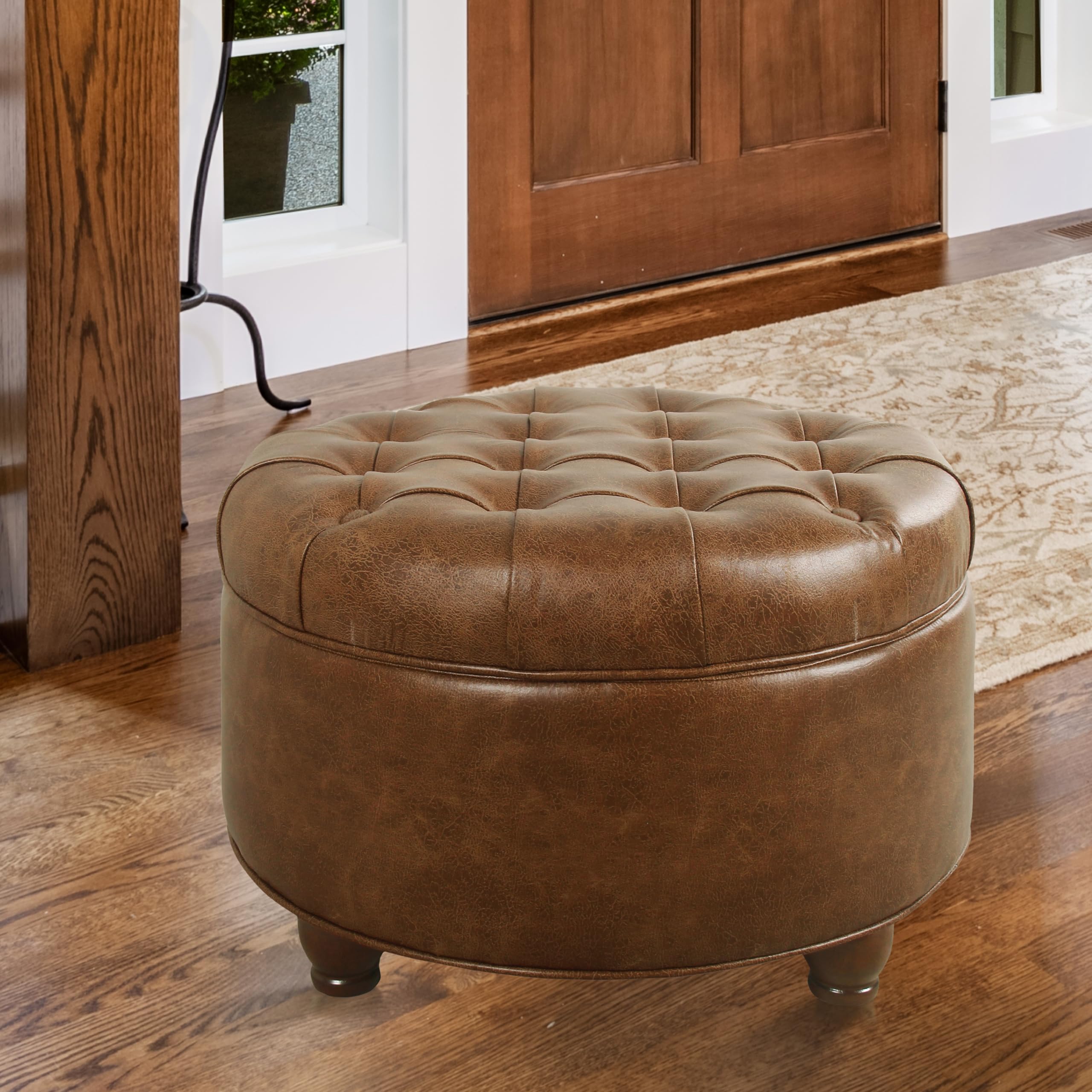 Homepop Button Tufted Faux Leather Round Storage Ottoman - Brown Leather Footrest Stool with Hidden Storage for Living Room, Bedroom & Home Decor | Perfect for Extra Seating, Footrest & Organization