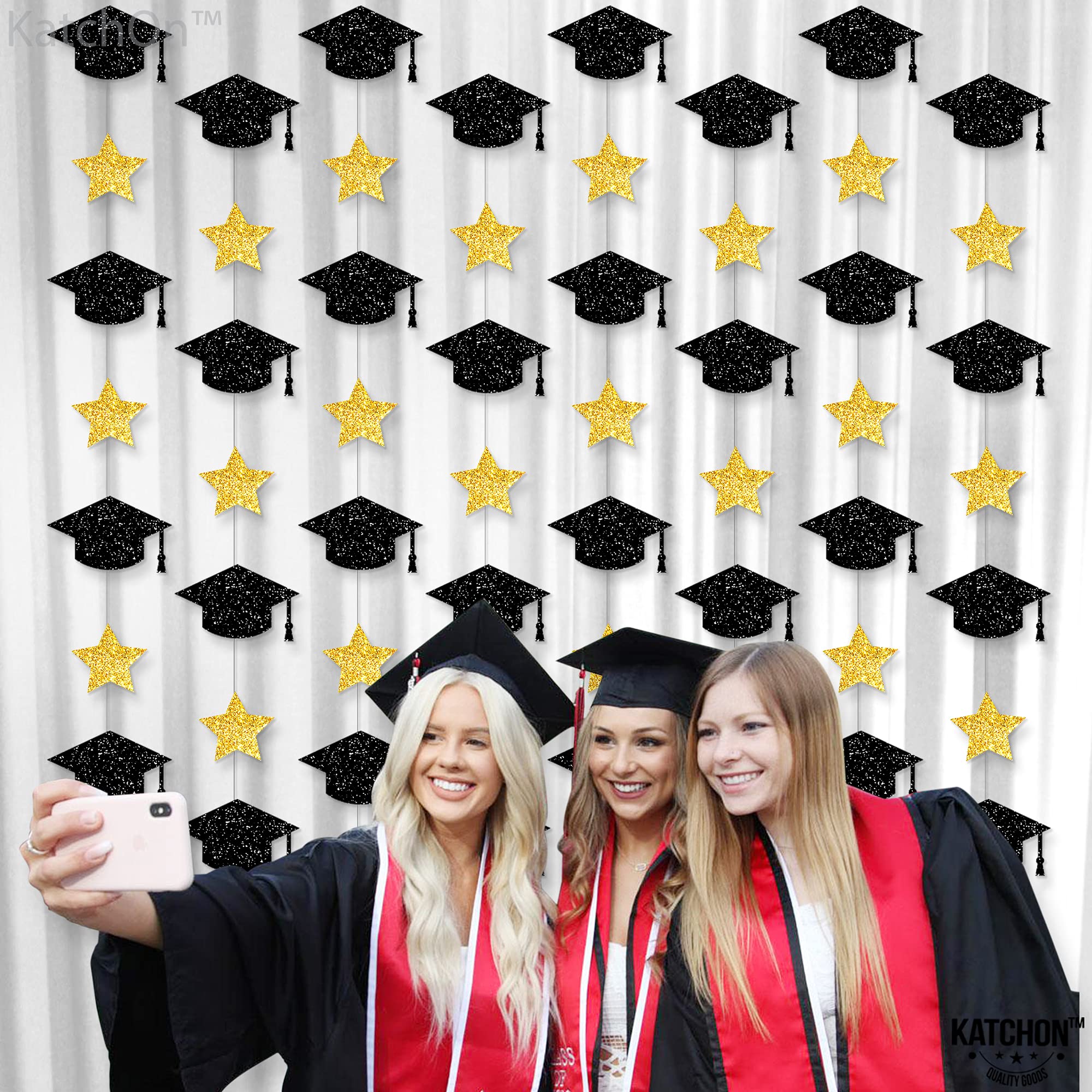 KatchOn 10 Feet Glitter Graduation Cap Garland - 8 String Black & Gold Graduation Decor 2025 | No DIY Graduation Party Supplies | Perfect for Graduation Ceremony Decorations, Photo Backdrops & College Grad Celebrations