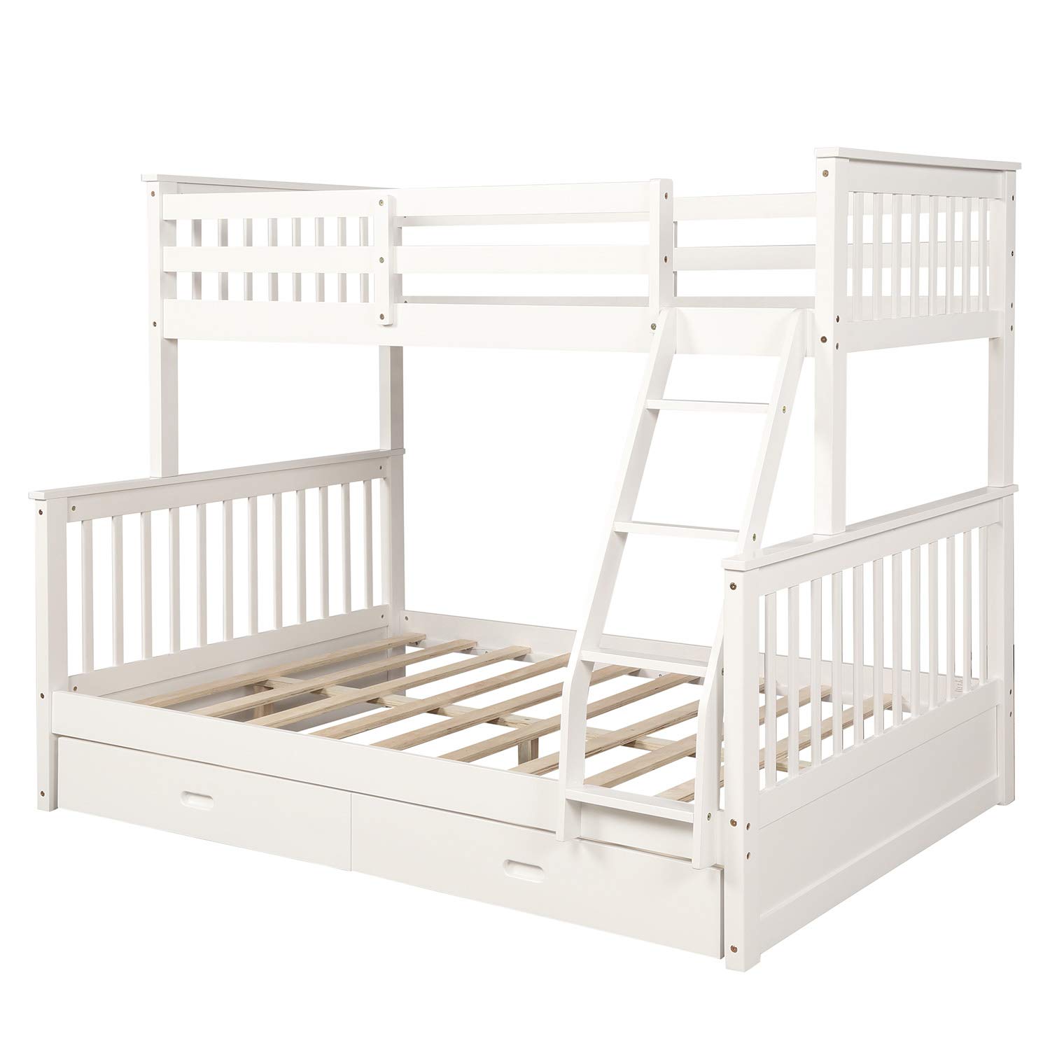 MERITLINE Twin Over Full Wood Bunk Bed Frame with Storage Drawers - White | Space-Saving Kids Bedroom Furniture for Siblings or Sleepovers