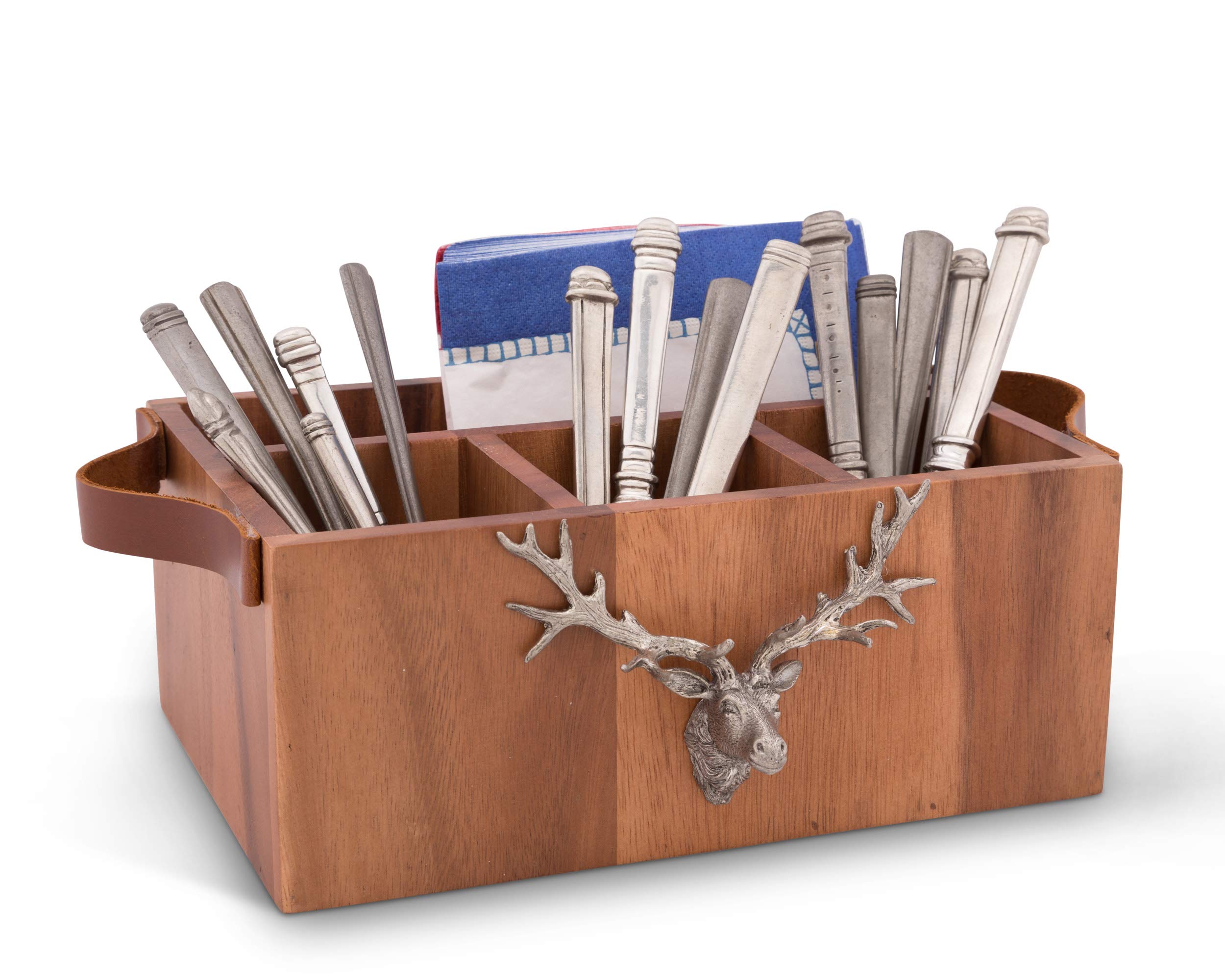 Vagabond House Acacia Wood Flatware Holder with Pewter Elk Accent & Leather Handles - 13