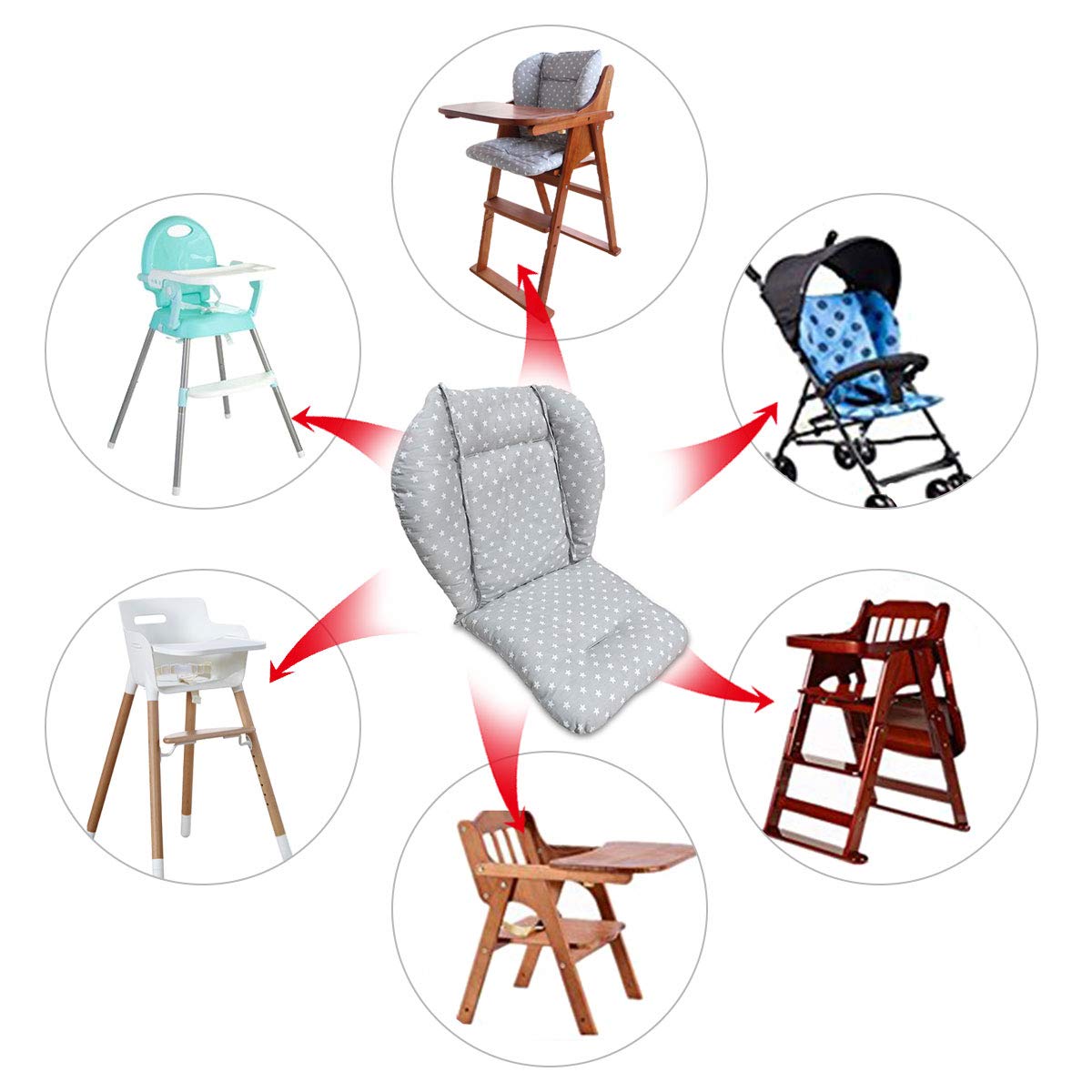 Premium Baby High Chair Cushion - Soft, Comfortable & Breathable Seat Pad with Gray Star Pattern - Ideal for Feeding, Weaning & Playtime at Home or Restaurant
