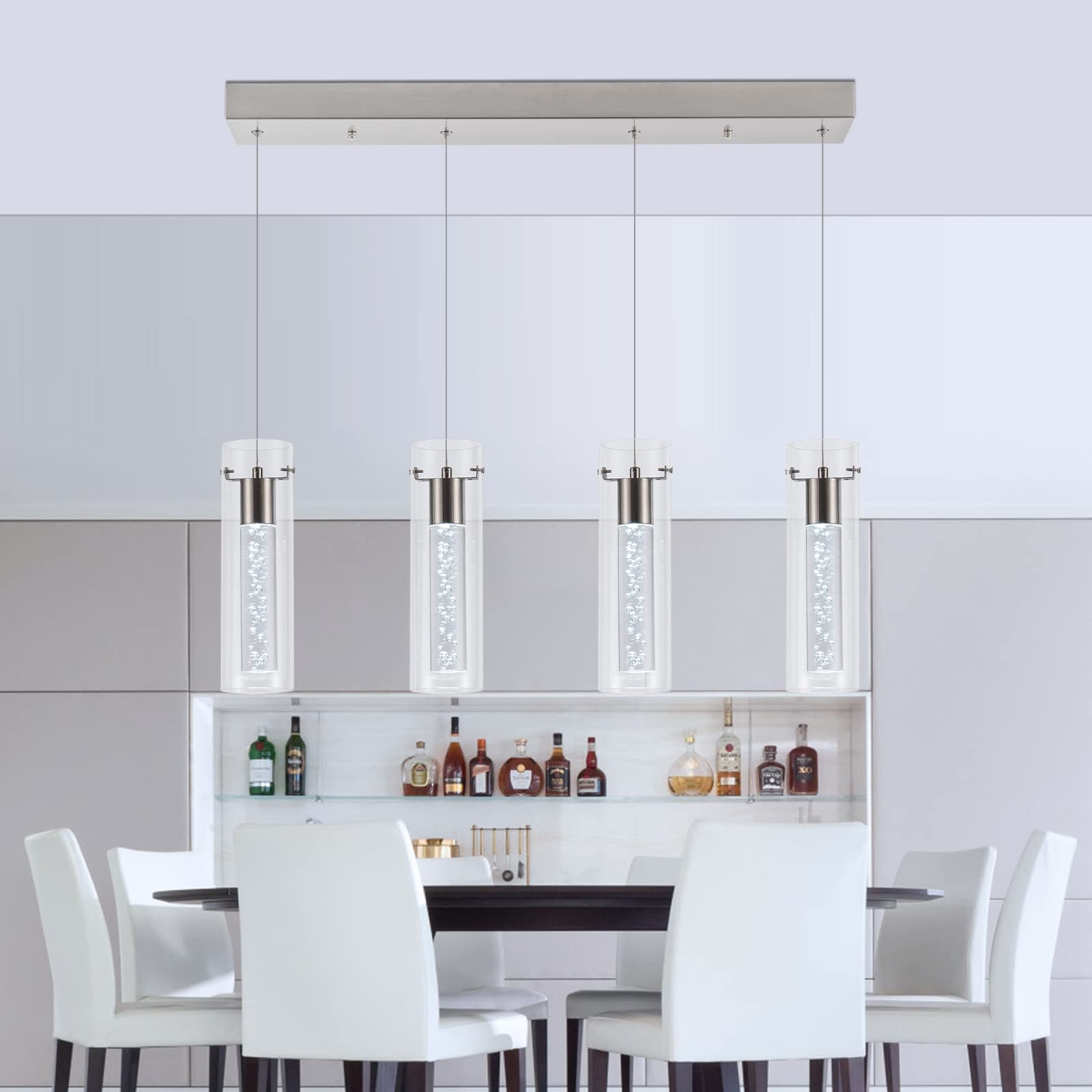Dimmable LED Hanging Pendant Lights with Remote Control - 4-Light Brushed Nickel Fixture, Adjustable Warm/White/Cool Lighting for Kitchen Island, Dining Room, Restaurant, Living Room & Bedroom | Perfect for Modern Home Decor and Commercial Spaces