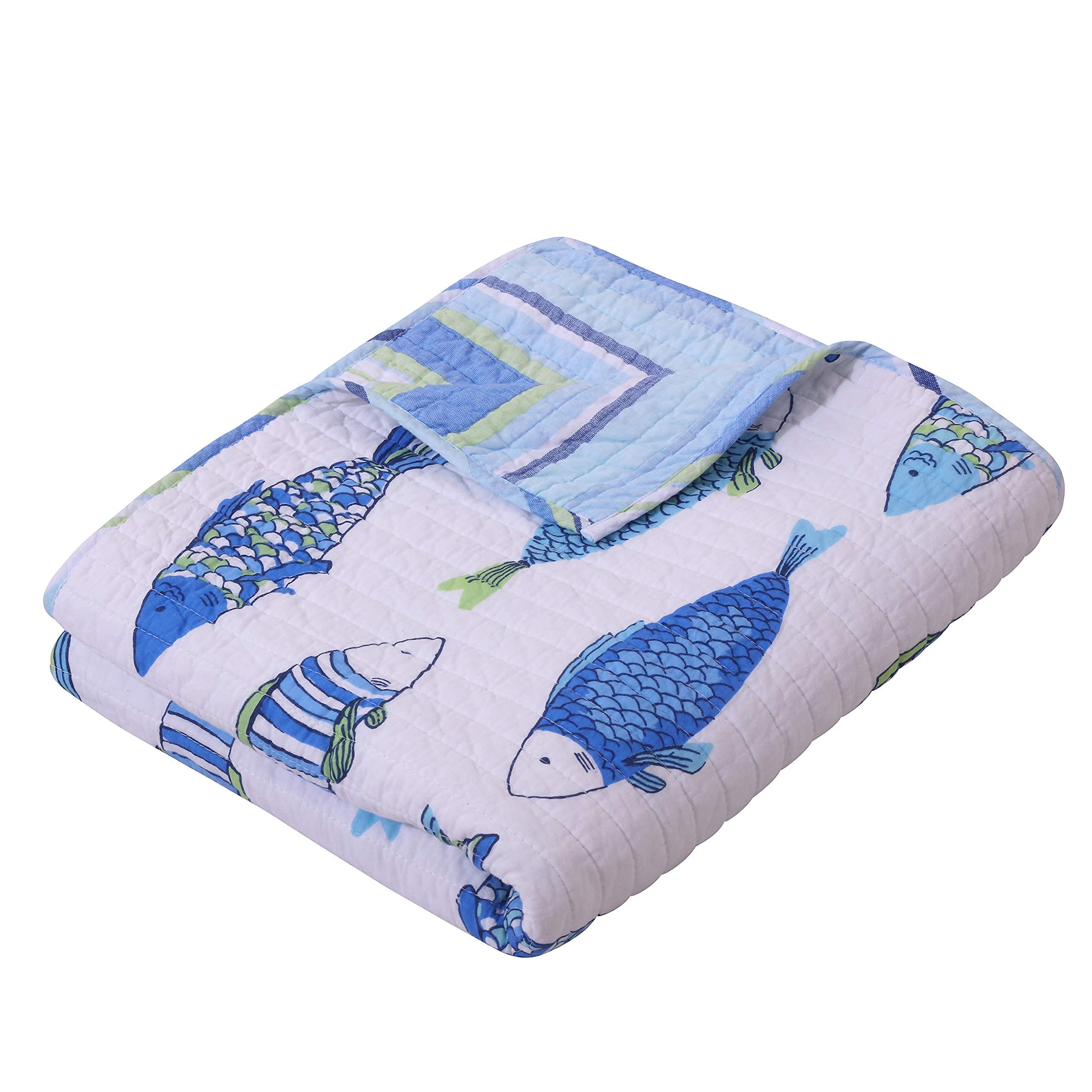 Levtex Home Catalina Quilted Throw Blanket 50x60 Inches - Reversible Striped Coastal Pattern in Blue and Green - Soft Cotton Fabric for Sofa, Bed, or Outdoor Use