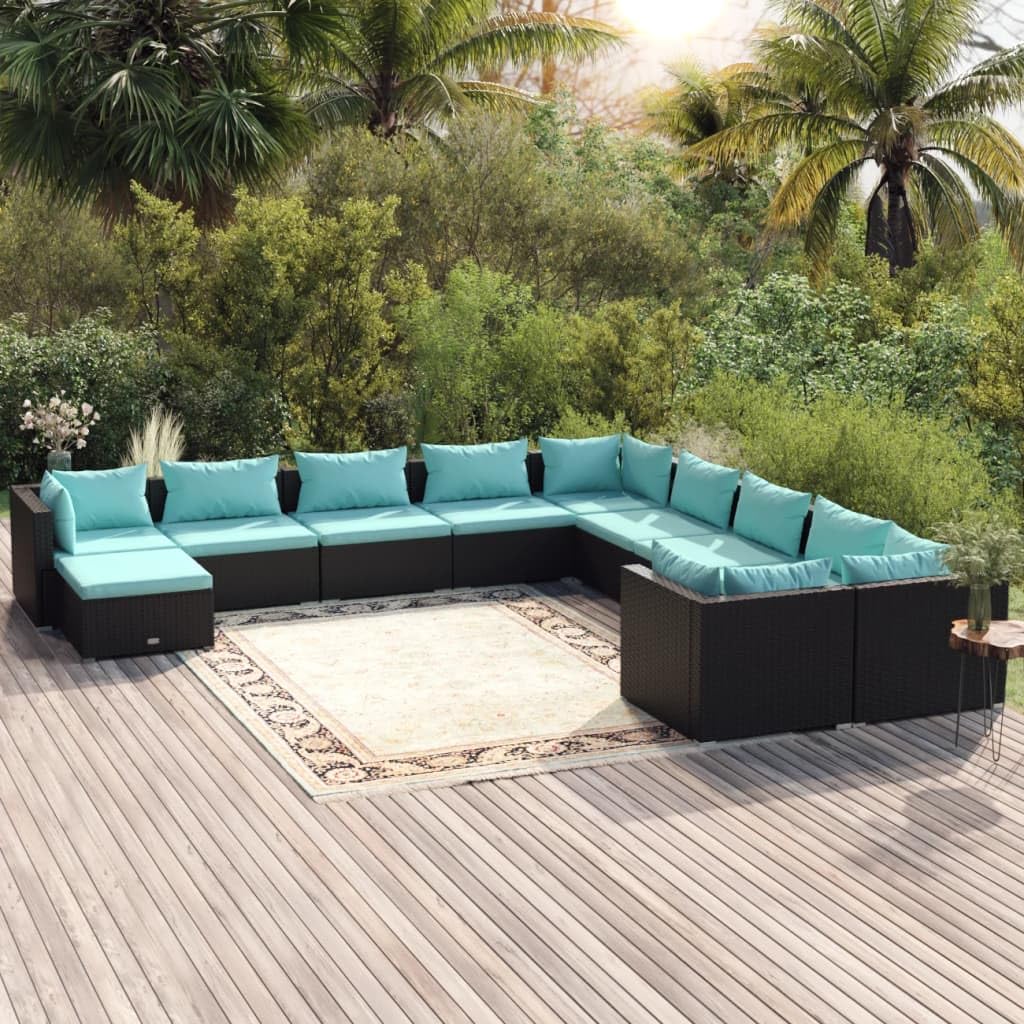 vidaXL 11-Piece Black Poly Rattan Patio Lounge Set with Sectional Sofas & Footrest - Weather-Resistant Outdoor Furniture with Comfortable Cushions for Poolside, Garden, or Backyard Relaxation
