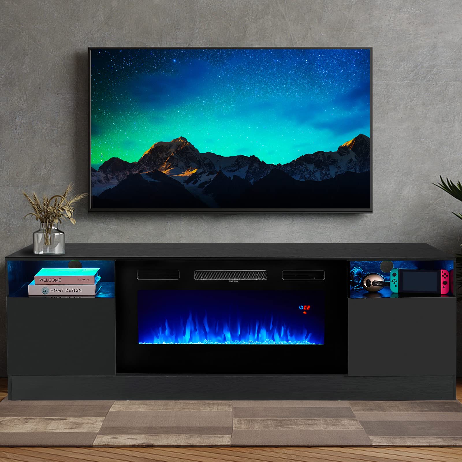Modern TV Stand with Fireplace & LED Display - 80 Inch Entertainment Center for Living Room, Bedroom - Black
