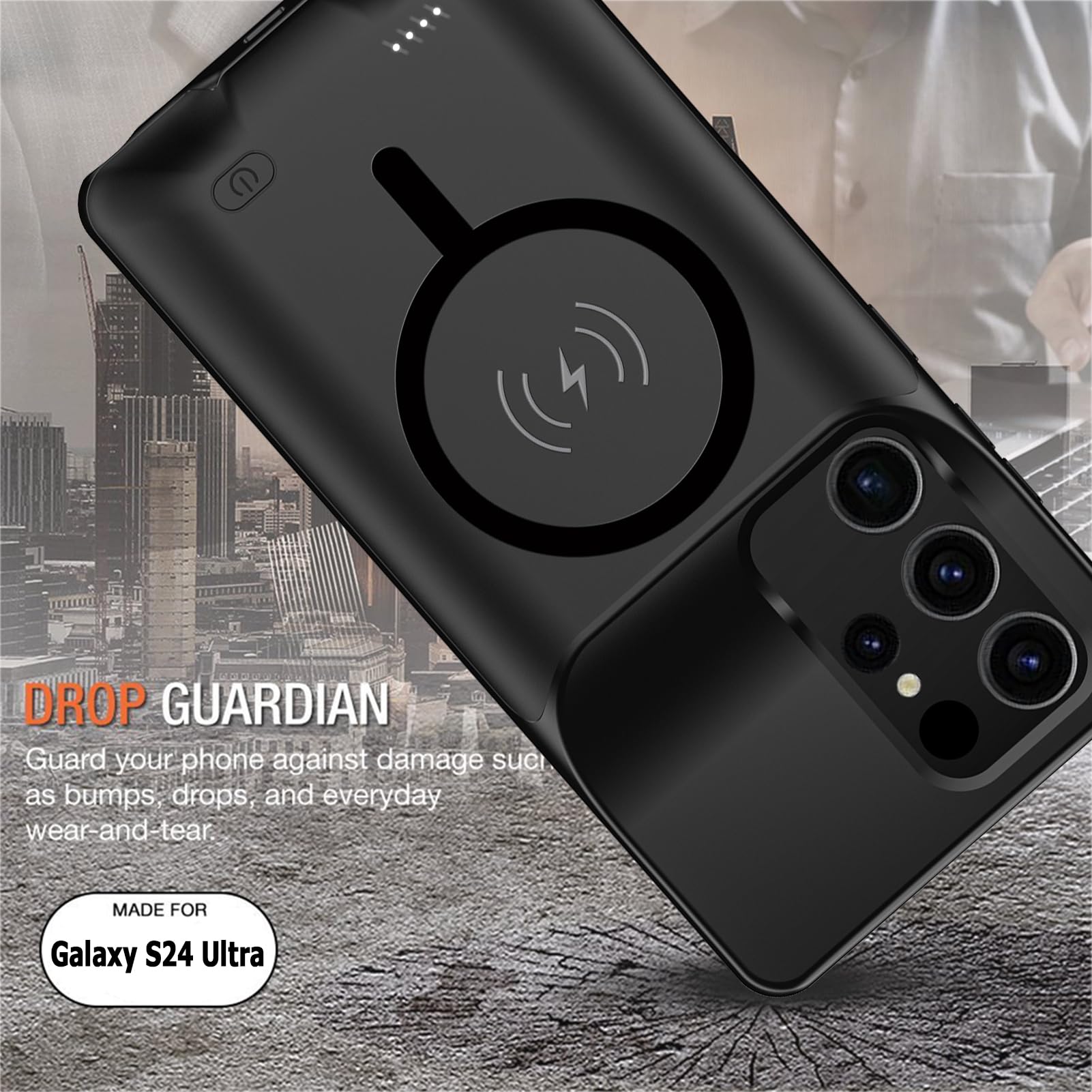 **Upgraded 12000mAh Wireless Charging Case for Samsung Galaxy S24 Ultra (6.8 Inch) – Portable Rechargeable Battery Pack with CarPlay Support – Extended Battery Charger Case (Black) – Perfect for Travel, Work & Daily Use**