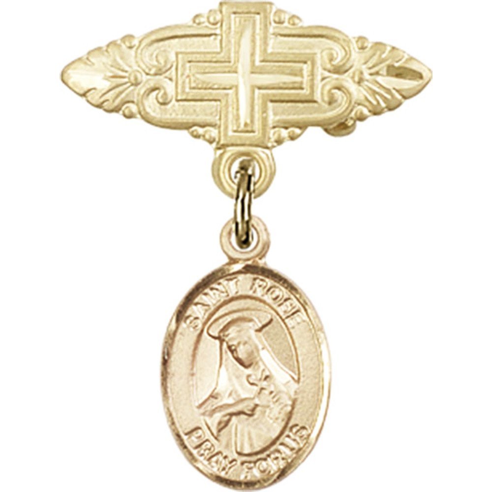 Gold Filled Baby Badge with St. Rose of Lima Charm & Cross Pin - 1 X 3/4 Inch Religious Jewelry for Baptism, First Communion & Christening Gifts