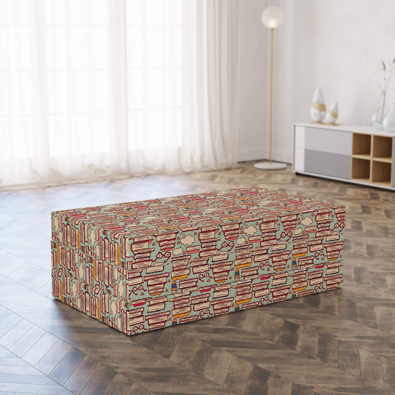 Ambesonne Cartoon Foldable Mattress with Stack of Books & Eyeglasses Design - 78.7