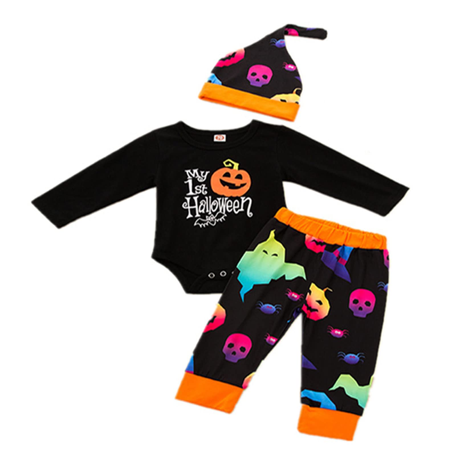 Unisex Newborn Baby Clothes - Halloween Pumpkin Letter Romper Set with Long Sleeve Top, Cartoon Pants & Hat for Boys & Girls | Perfect for Halloween Costumes, Photo Shoots & Seasonal Outfits