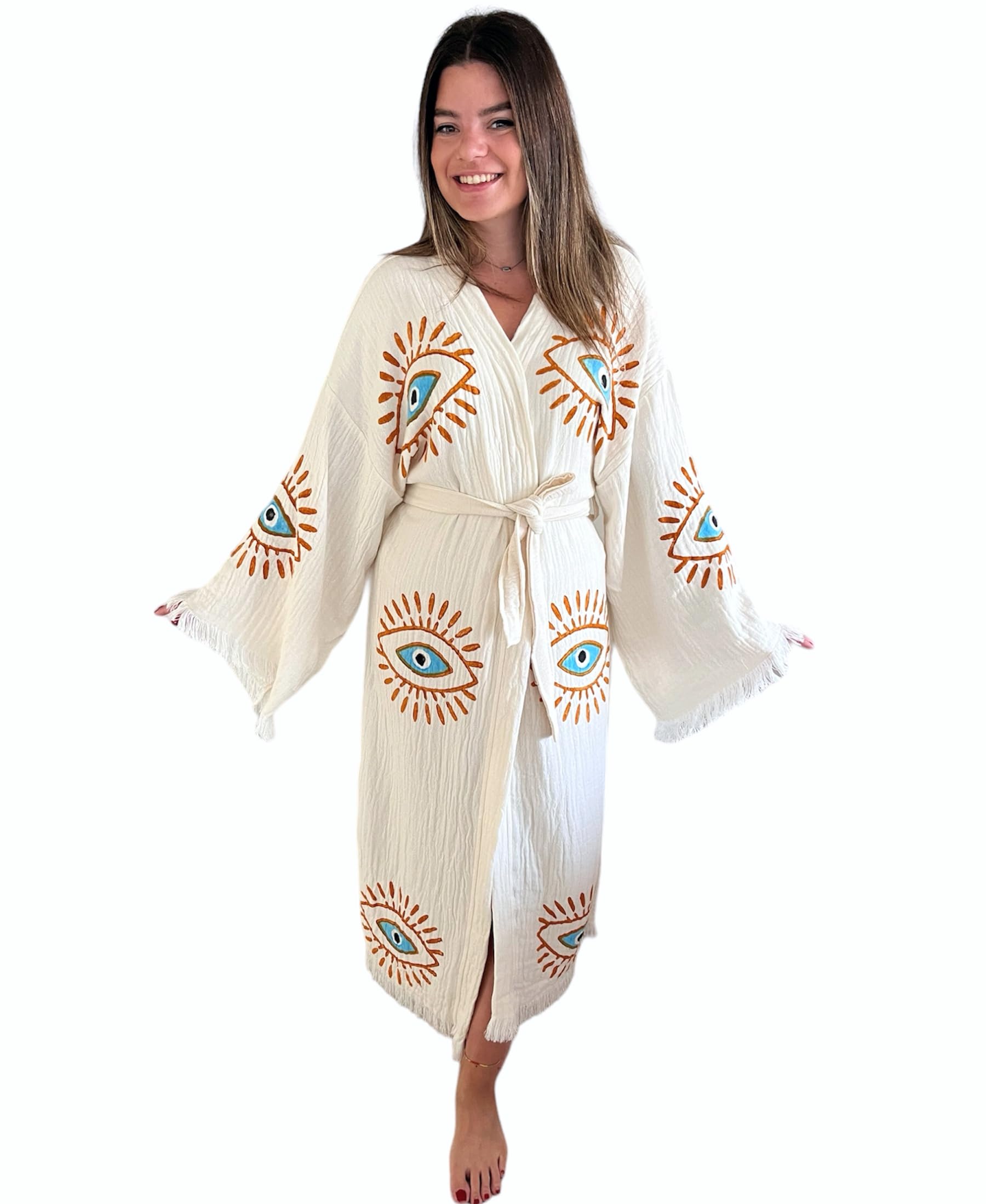 Handmade Evil Eye Kimono for Women - Bohemian Beach Cover Up, Festival Robe & Cotton Cardigan - Lightweight Dressing Gown for Summer, Yoga, Poolside & Vacation Wear