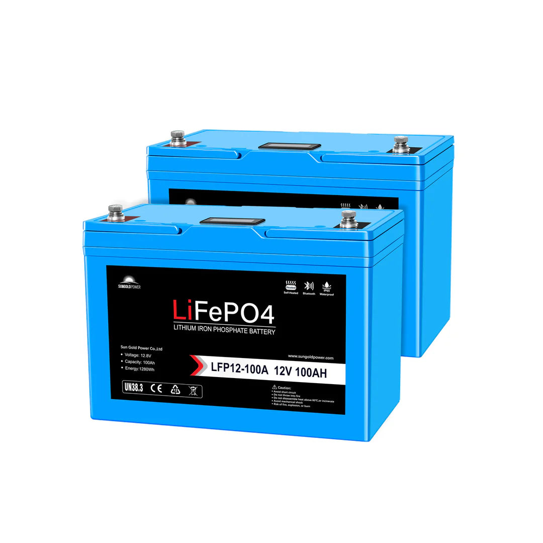 SunGoldPower 12V 100Ah LiFePo4 Deep Cycle Lithium Battery with Bluetooth, Self Heating & IP65 - Perfect for RVs, Solar Systems, Marine & Off-Grid Power Storage