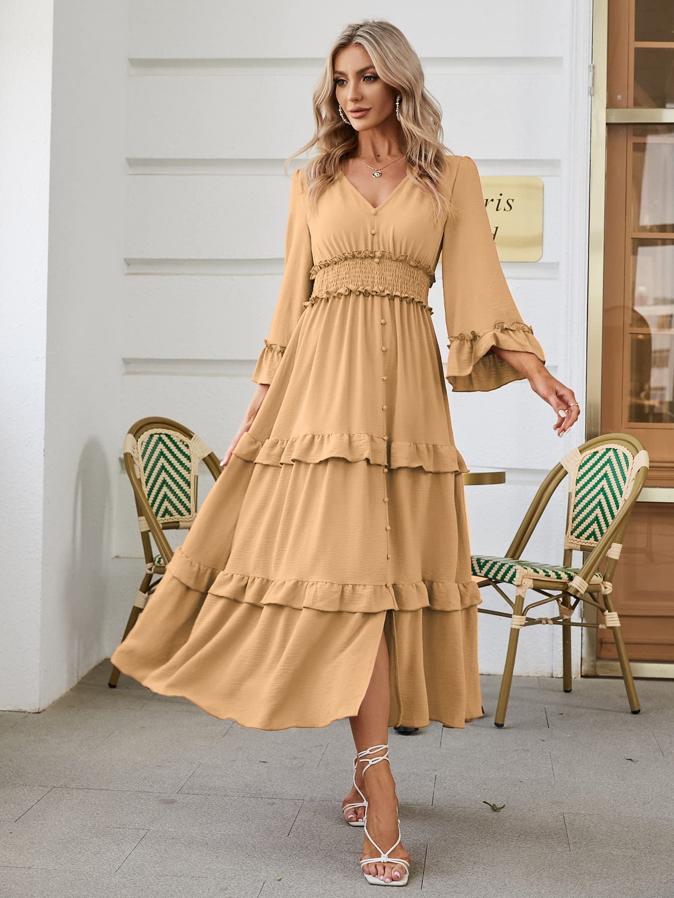 Amegoya Women's V-Neck Long Sleeve Boho Maxi Dress for Wedding Guest, Summer Engagement Party, Beach Vacation & Special Occasions - Flowy Elegant Long Dress