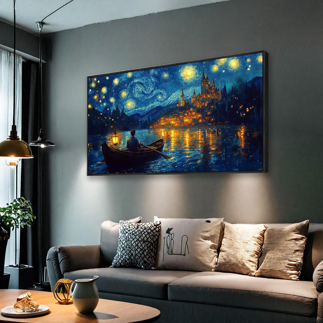 Van Gogh Starry Night Over the Rhone Canvas Wall Art - 20x40 Inches Framed Painting, Premium Home Decor for Living Room, Bedroom & Office - Perfect Gift for Art Lovers & Van Gogh Fans