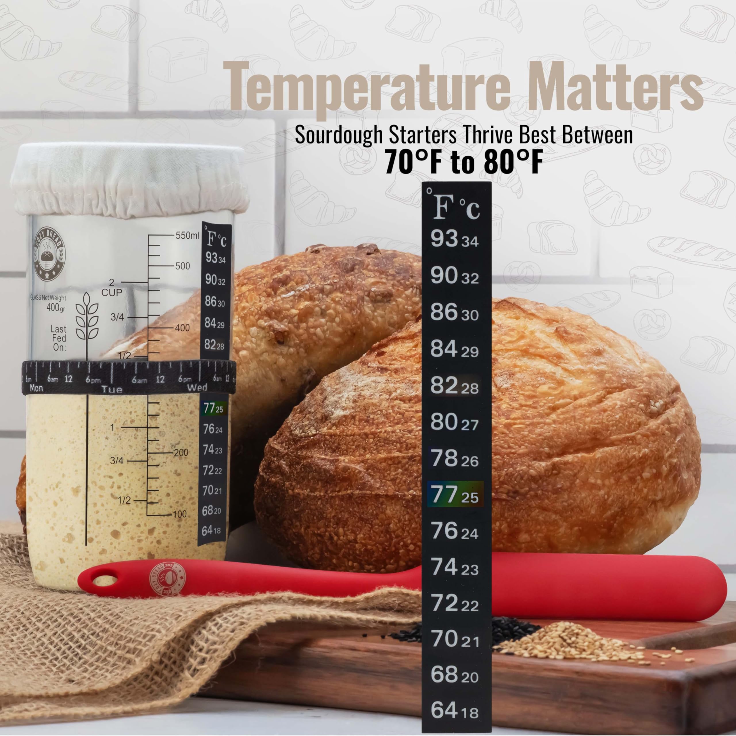 Cozy Bread® Sourdough Starter Kit with Glass Jar - 2 Measuring Cups & mL Markings - Dishwasher Safe - Perfect for Home Baking, Artisan Bread Making & Gift Giving