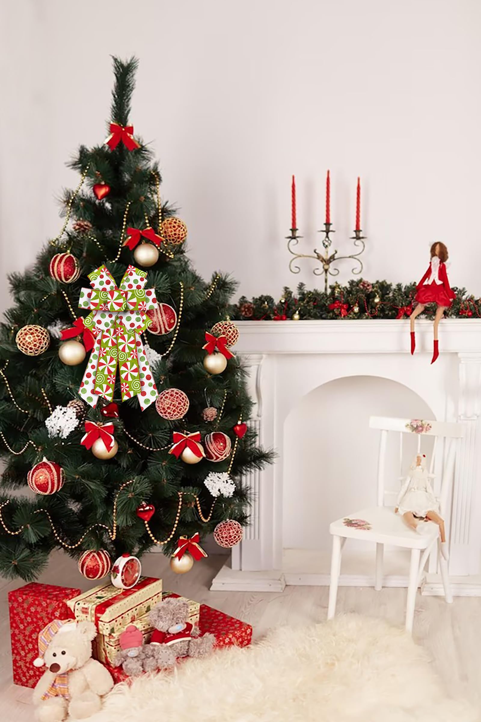 Festive Christmas Bows for Wreaths - Red Green Glitter Decor for Doors & Trees