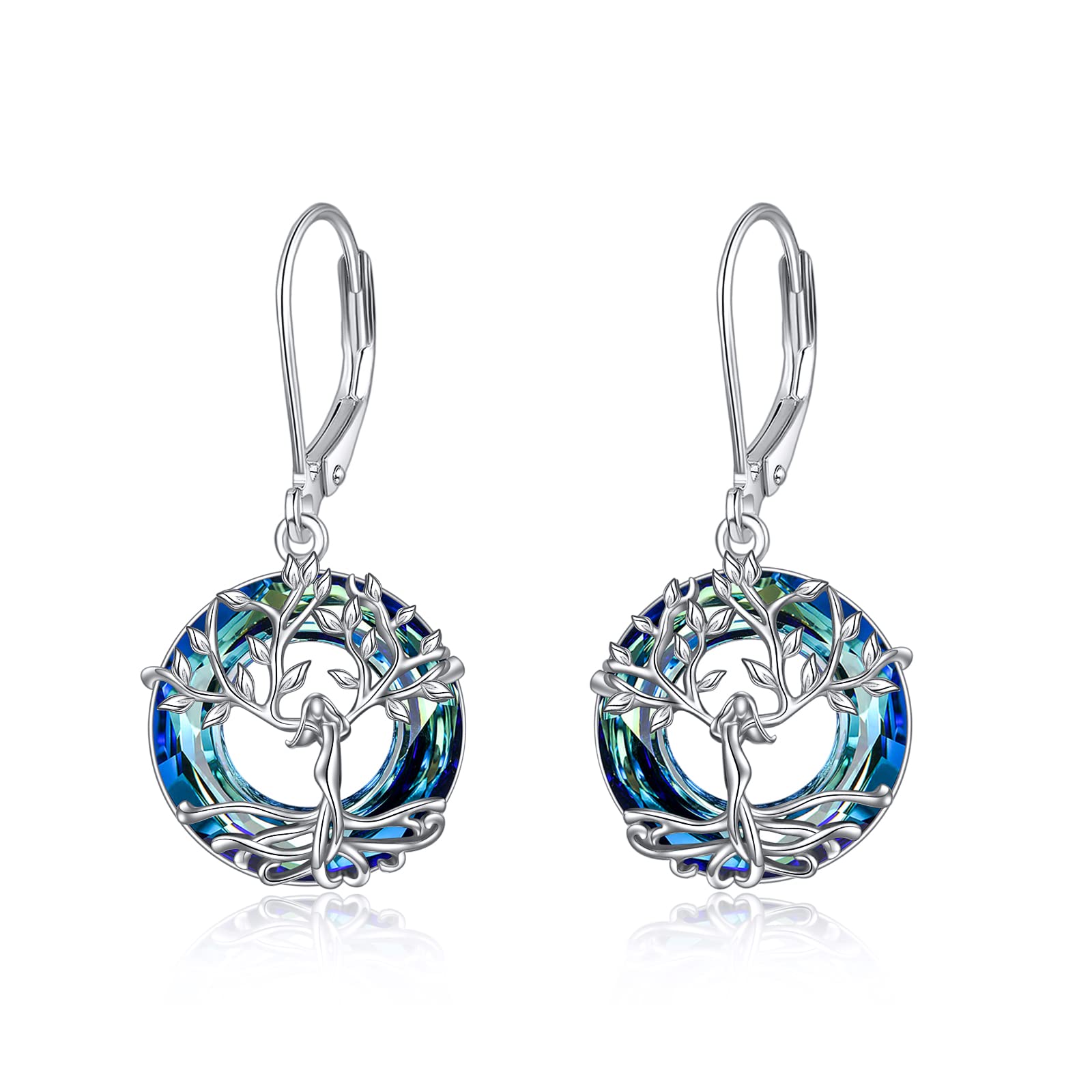 Tree of Life Leverback Earrings Sterling Silver Dangle Drop Earrings with Blue Crystal - Elegant Birthstone Jewelry Gifts for Women, Perfect for Birthday, Anniversary, Wedding & Everyday Wear