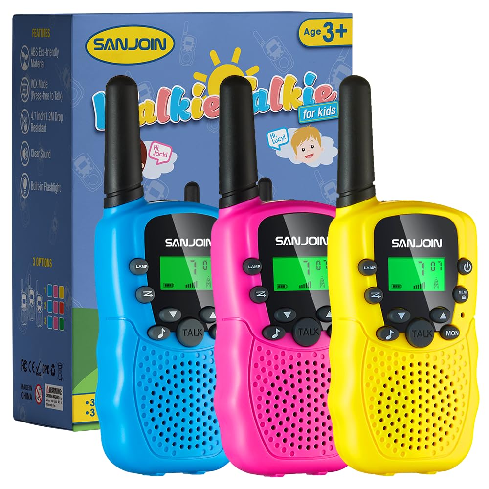 Kids Walkie Talkies - 3 Pack (Blue, Pink, Yellow) with 3 Miles Range - Best Toys for Boys & Girls Ages 4-8 - Perfect for Camping, Outdoor Adventures & Birthday Gifts (Ideal for 3-7 Year Olds)