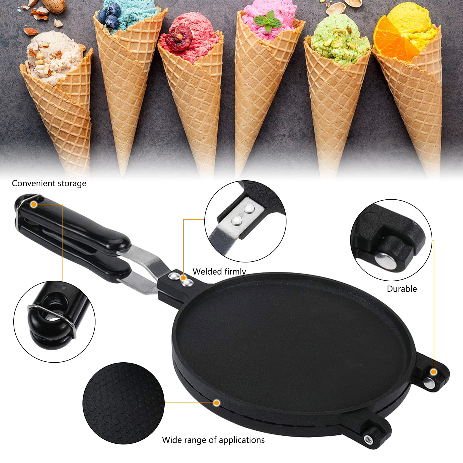 6.7 Inch Non-Stick Waffle Cone Maker - Double Sided Pancake & Egg Roll Iron - Perfect for Homemade Ice Cream Cones, Breakfast Crepes, and Dessert Snacks