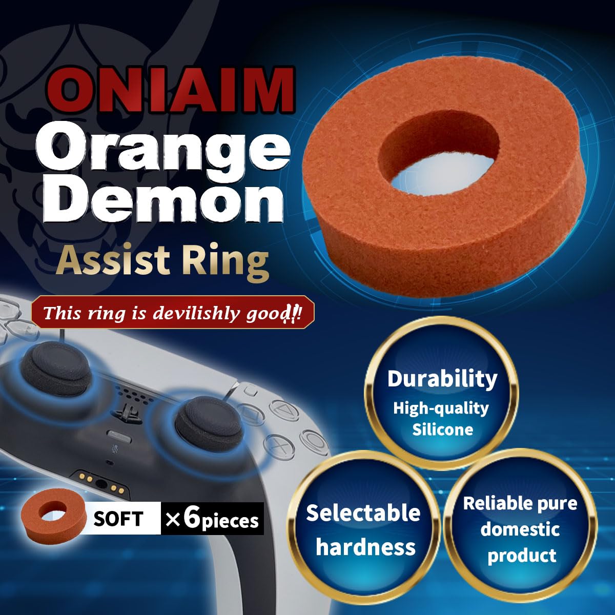OniAim Precision Rings Orange Demon - AIM Assist Motion Control Gaming Accessories for PS5, PS4, Xbox Series X/S, PC Gamepads, Nintendo Switch Pro & Scuf Controllers - Made in Japan (6 Soft Rings) - Improve FPS Shooting Accuracy for Call of Duty, Fortnite & Apex Legends