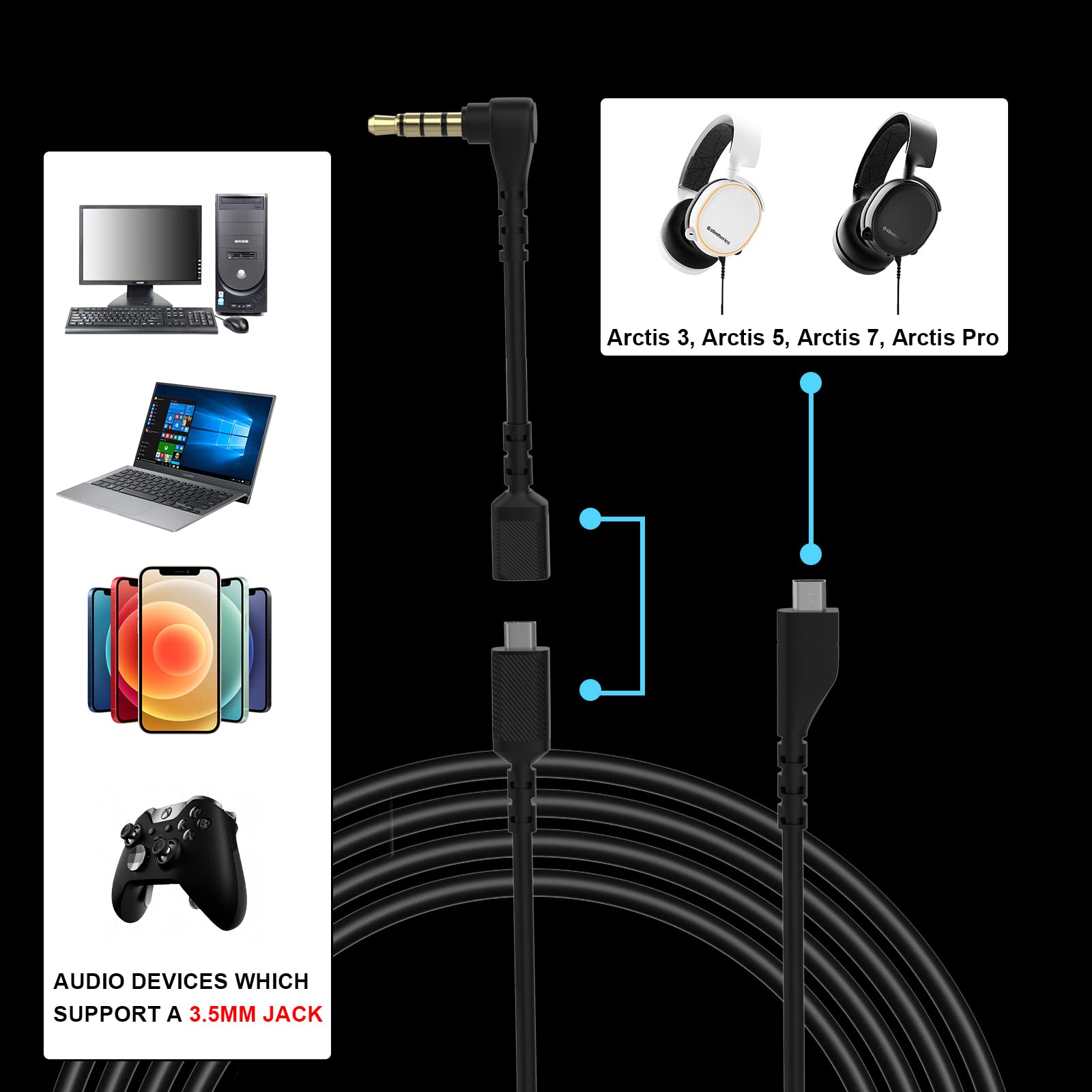 SteelSeries Arctis 3 Replacement Cable - 4.9ft 3.5mm Audio Cord for Gaming Headsets - Compatible with Arctis 3/5/7, PS4, PS5, Xbox One, PC & Mac - Perfect for Gaming, Streaming & Online Meetings