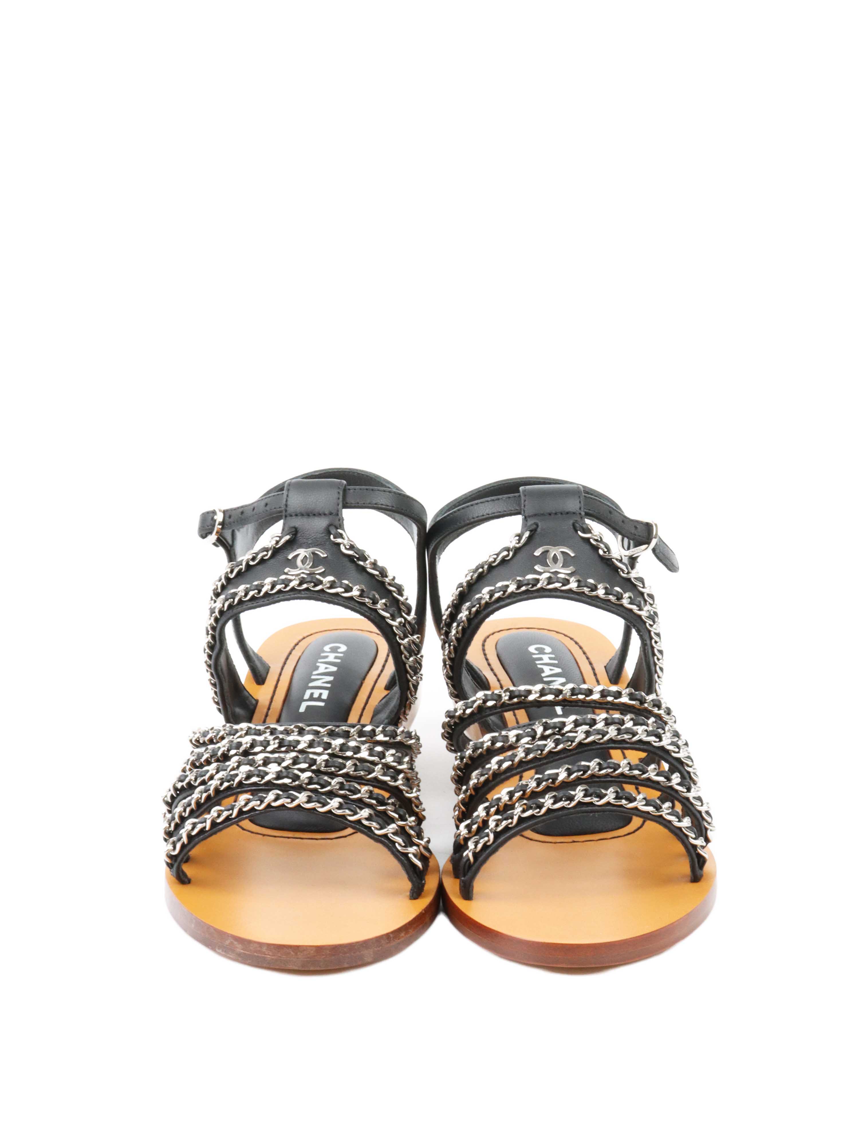 Chanel Women's Wooden Wedge Chain Sandals Size 38 - Luxury Designer Summer Sandals for Beach, Vacation & Casual Outfits