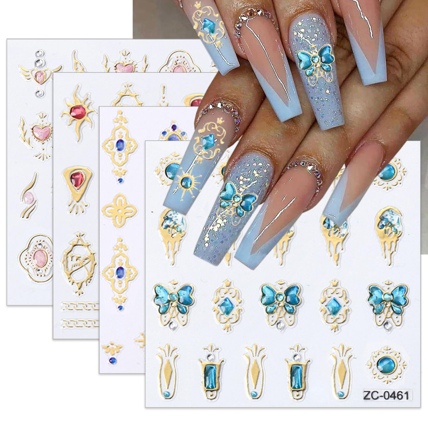 5D Crystal Soft Glue Embossed Nail Stickers - 4 Sheets Sun Star Rhinestone Nail Art Decals for Women & Girls | Colorful Geometric Flower Butterfly Designs | Perfect for Acrylic Nails, Manicures & DIY Nail Art at Home