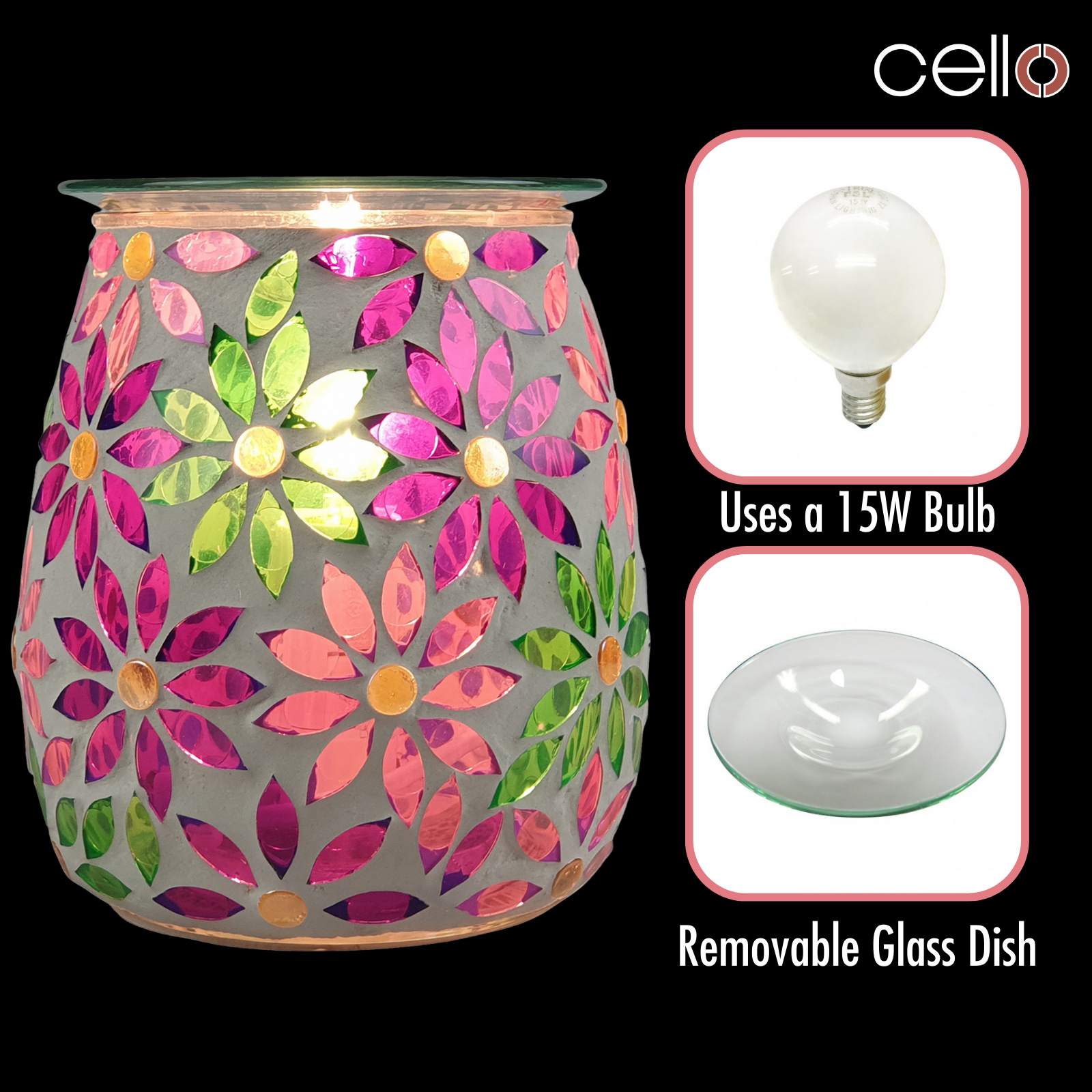 Cello Electric Wax Warmer with Mosaic Glass Design - Pretty Petals Floral Aromatherapy Wax Melter for Home, Office & Spa Relaxation