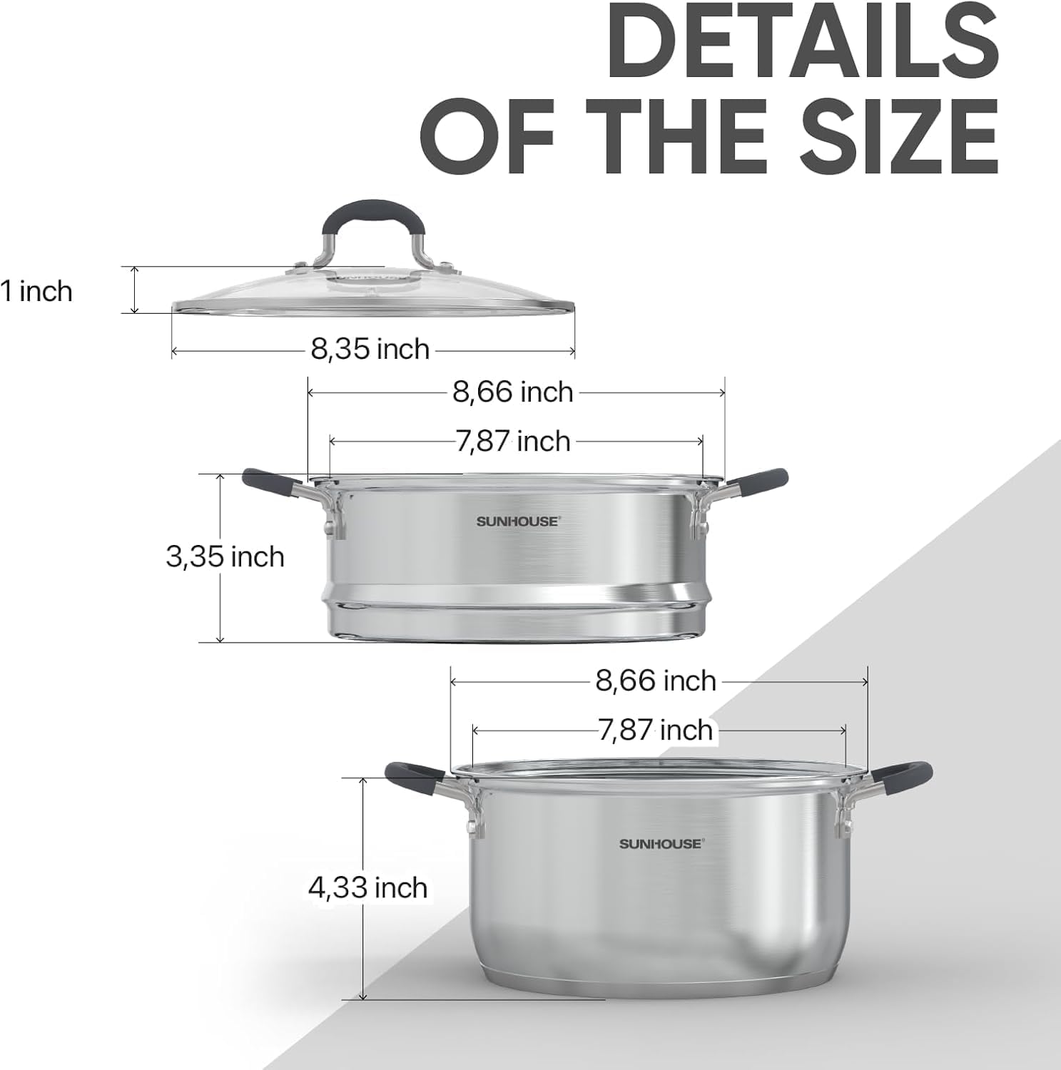 SUNHOUSE 3.3 Quart Stainless Steel Steamer Pot with Lid - 2-Tier Multipurpose Cookware for Vegetables, Dumplings, Sauces & More - Triple Bottom, Measurement Lines - Perfect for Home Cooking, Meal Prep & Healthy Eating