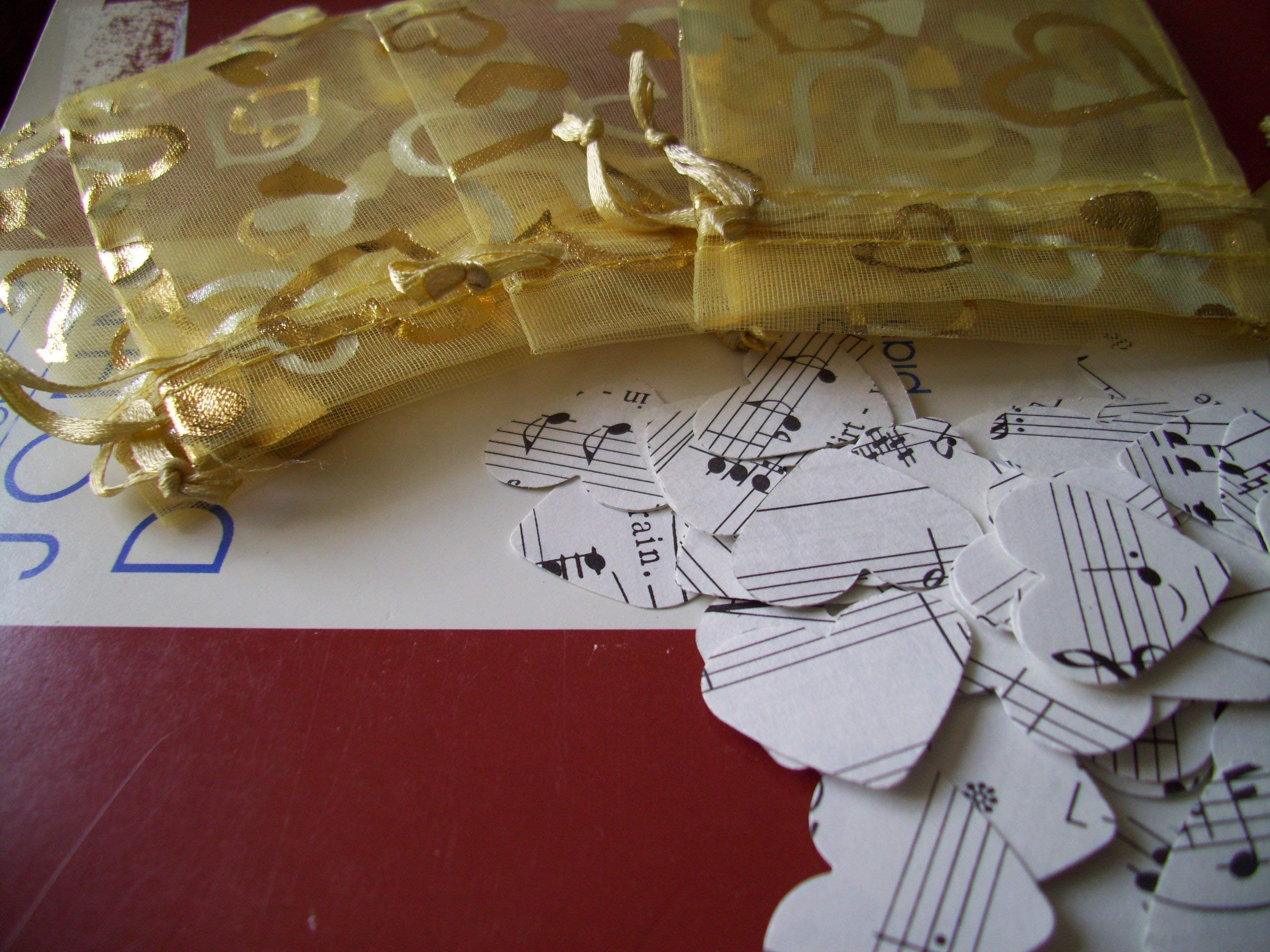 Vintage Sheet Music Confetti Hearts - 4 x Organza Gift Bags for Weddings, Parties & DIY Scrapbooking Decorations