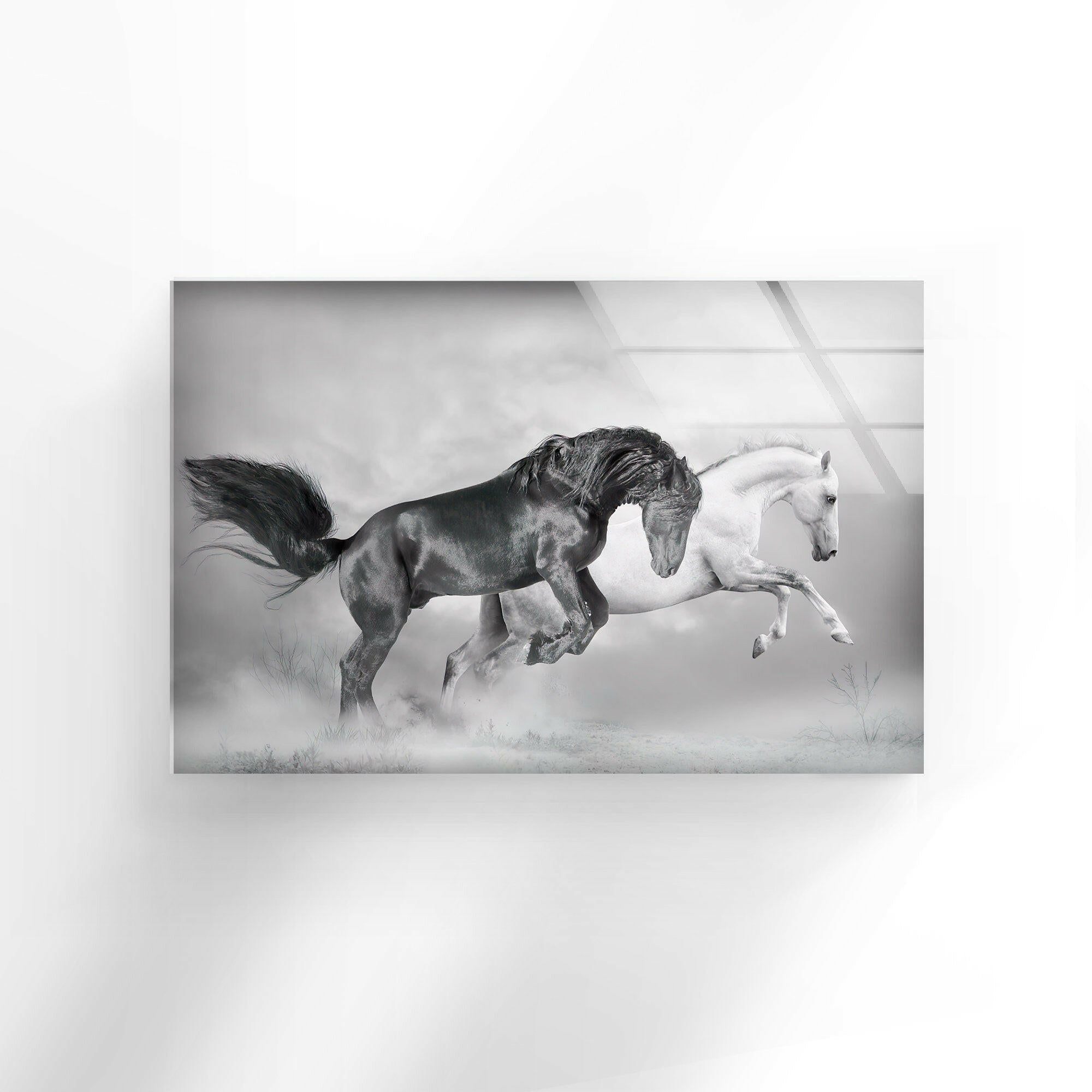Black & White Wild Horses Running Glass Wall Art - Elegant Home Decor for Living Room, Bedroom & Office - Perfect Modern Art Gift for Horse Lovers